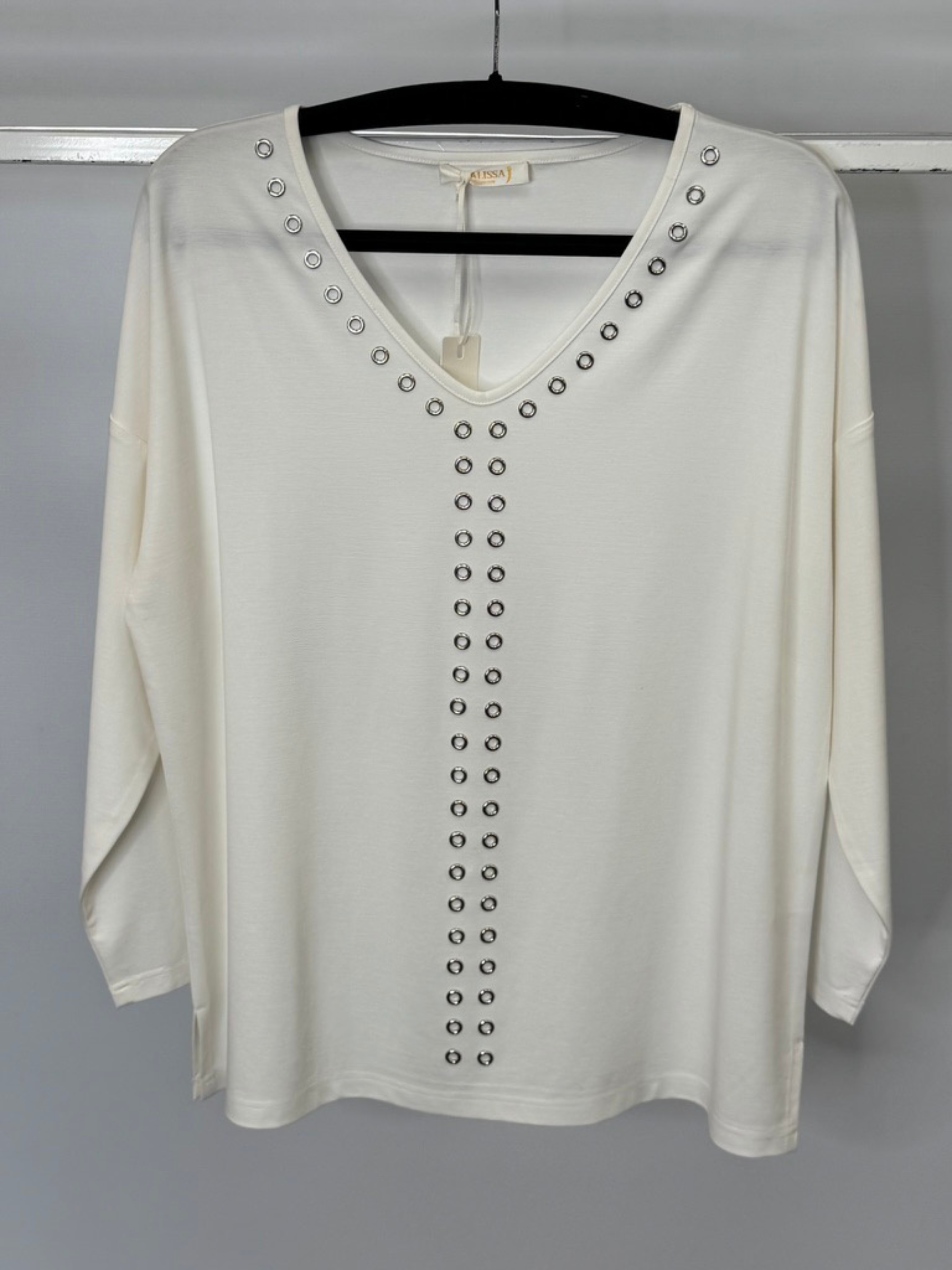 Malissa J white long sleeve V-neck top with silver stud eyelet detail - women’s chic evening blouse, versatile smart-casual fashion top.