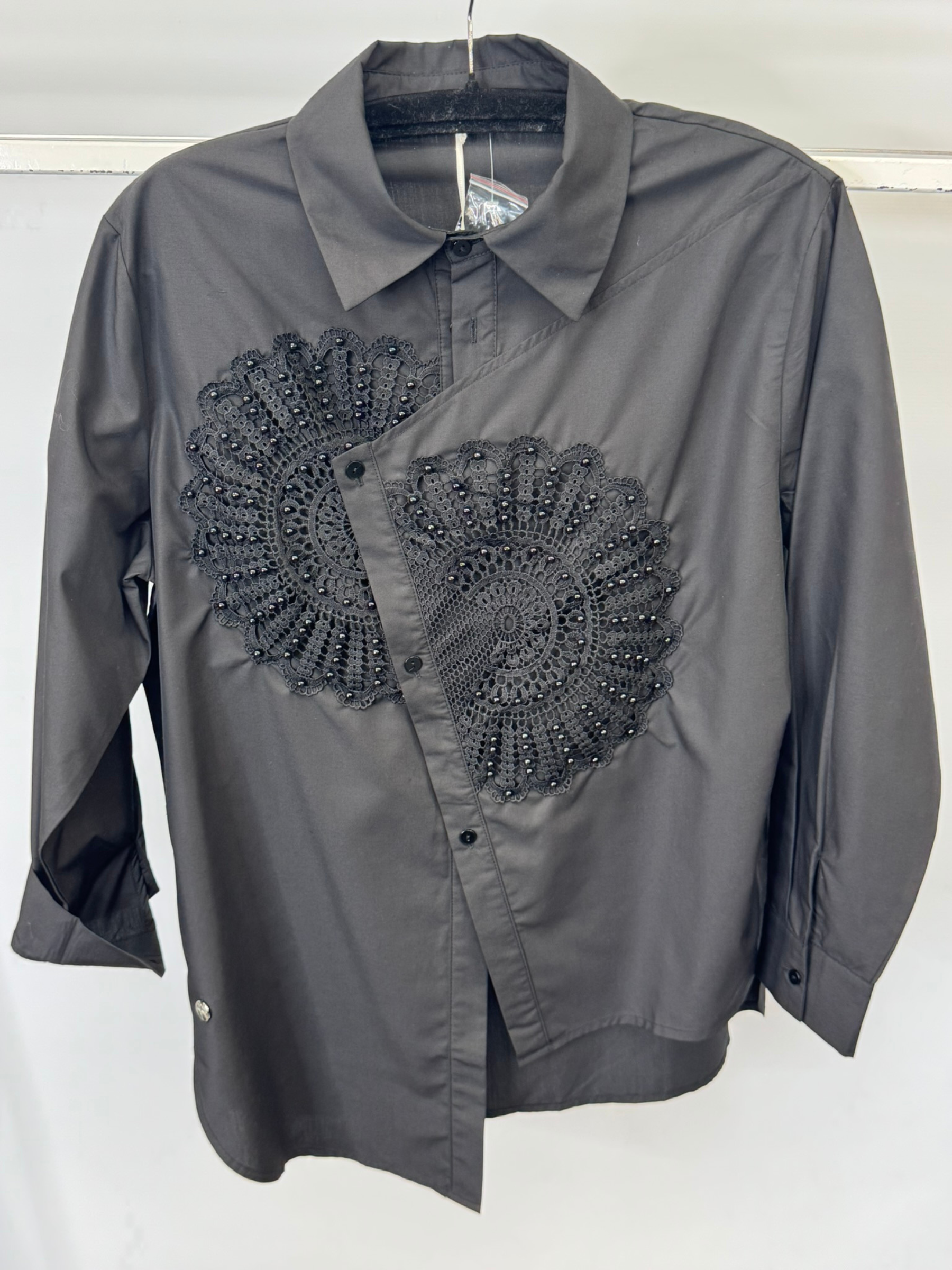 Malissa J black beaded woven shirt -women’s embellished long sleeve button-down blouse with embroidery detail, perfect for workwear and evening style