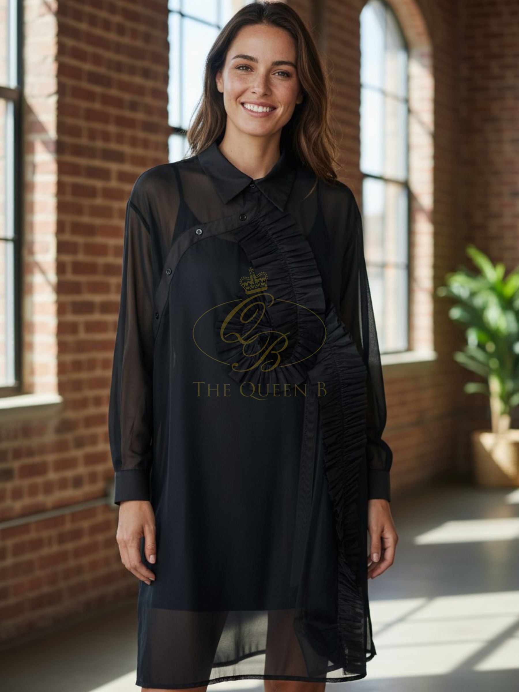 Malissa J black two piece mesh dress with cami top – sheer overlay long sleeve dress, elegant layered evening outfit for women