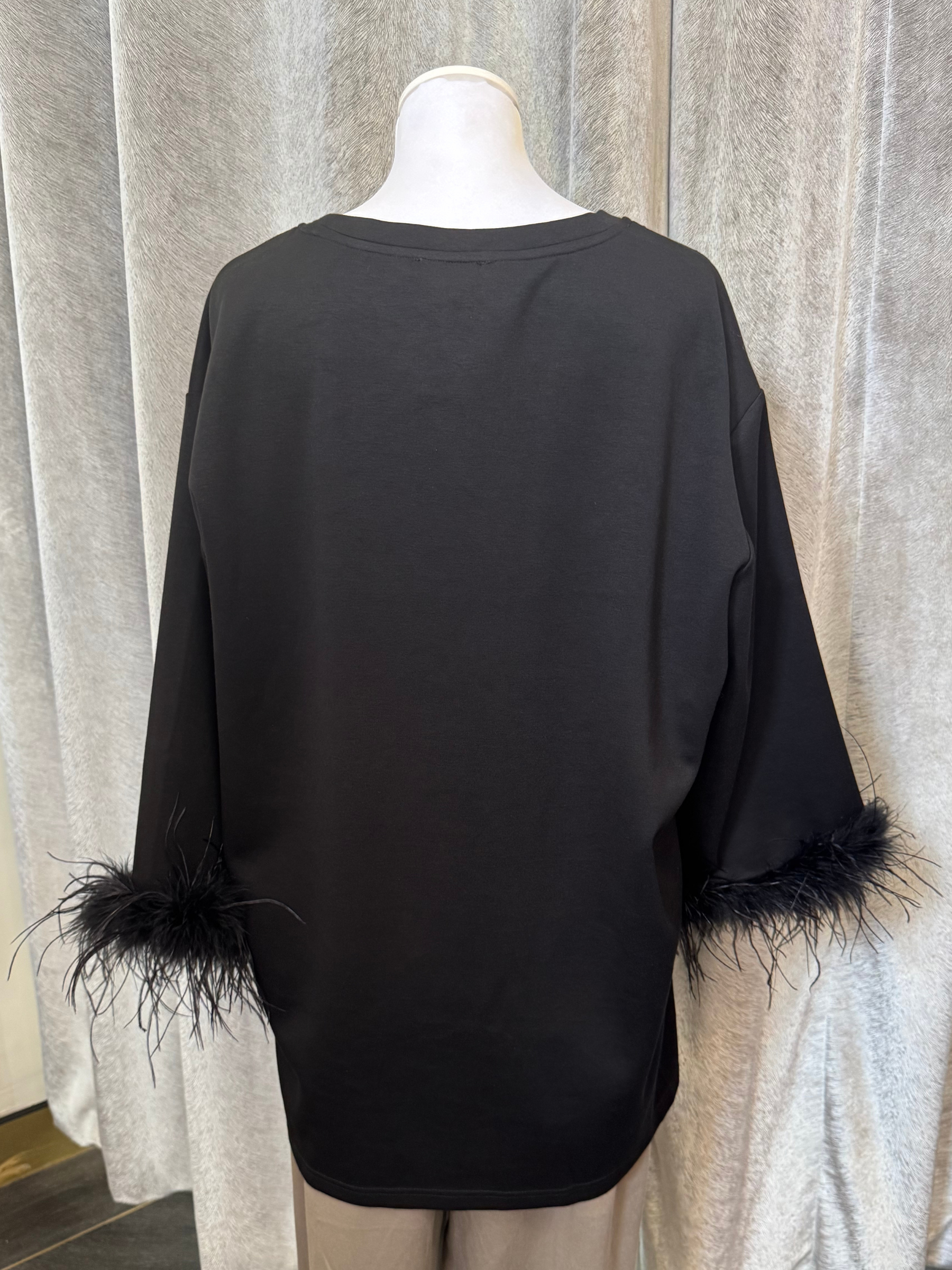 Malissa J WF2595 black top with feather-trim sleeves and studded detailing-women’s embellished evening top for parties and special occasions