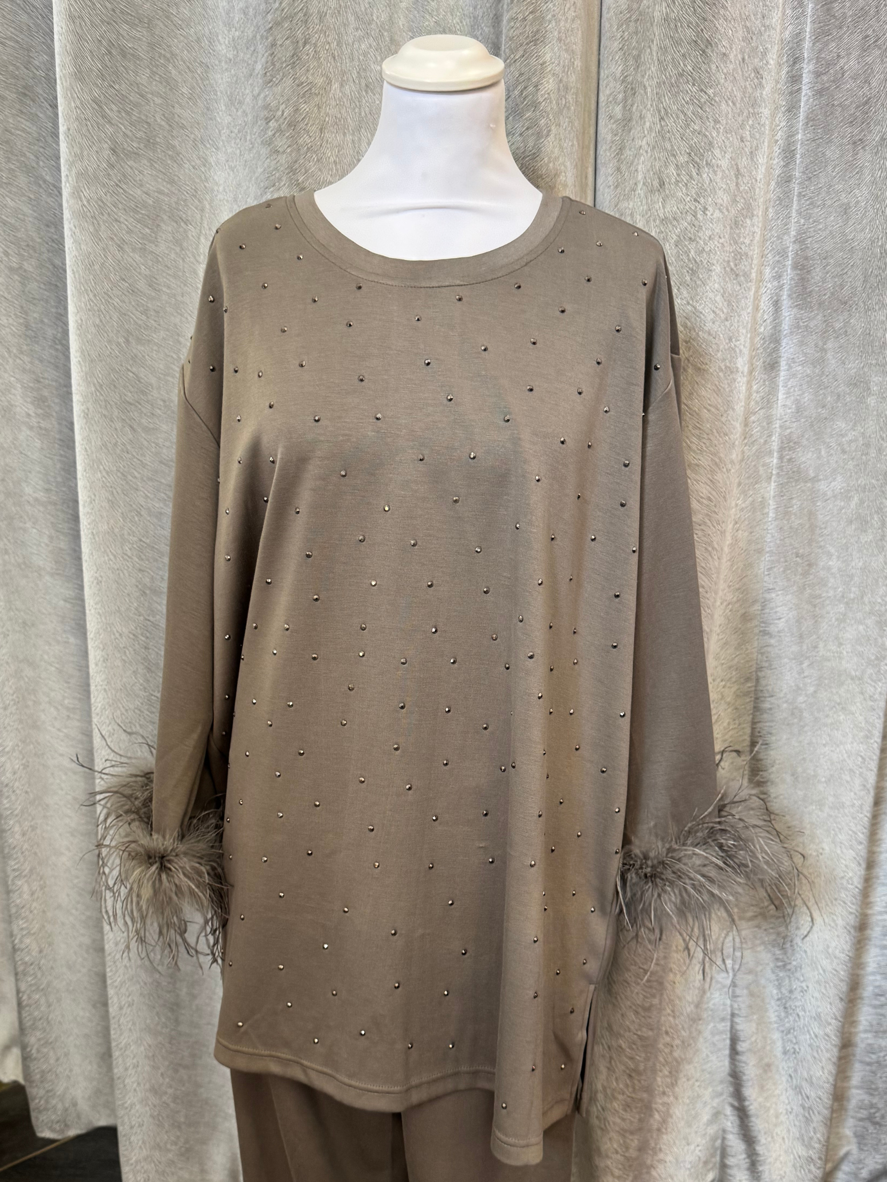 Malissa J WF2595 mushroom top with feather-trim sleeves and studded detailing-women’s embellished evening top for parties and special occasions