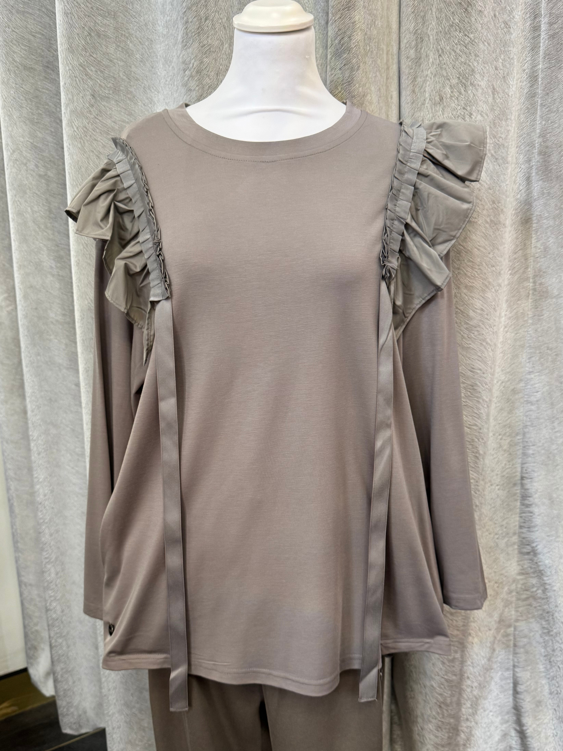 Malissa J WF2598 mushroom top with ruffle shoulder detail and ribbon trims-women’s elegant long-sleeve blouse for day-to-night outfits