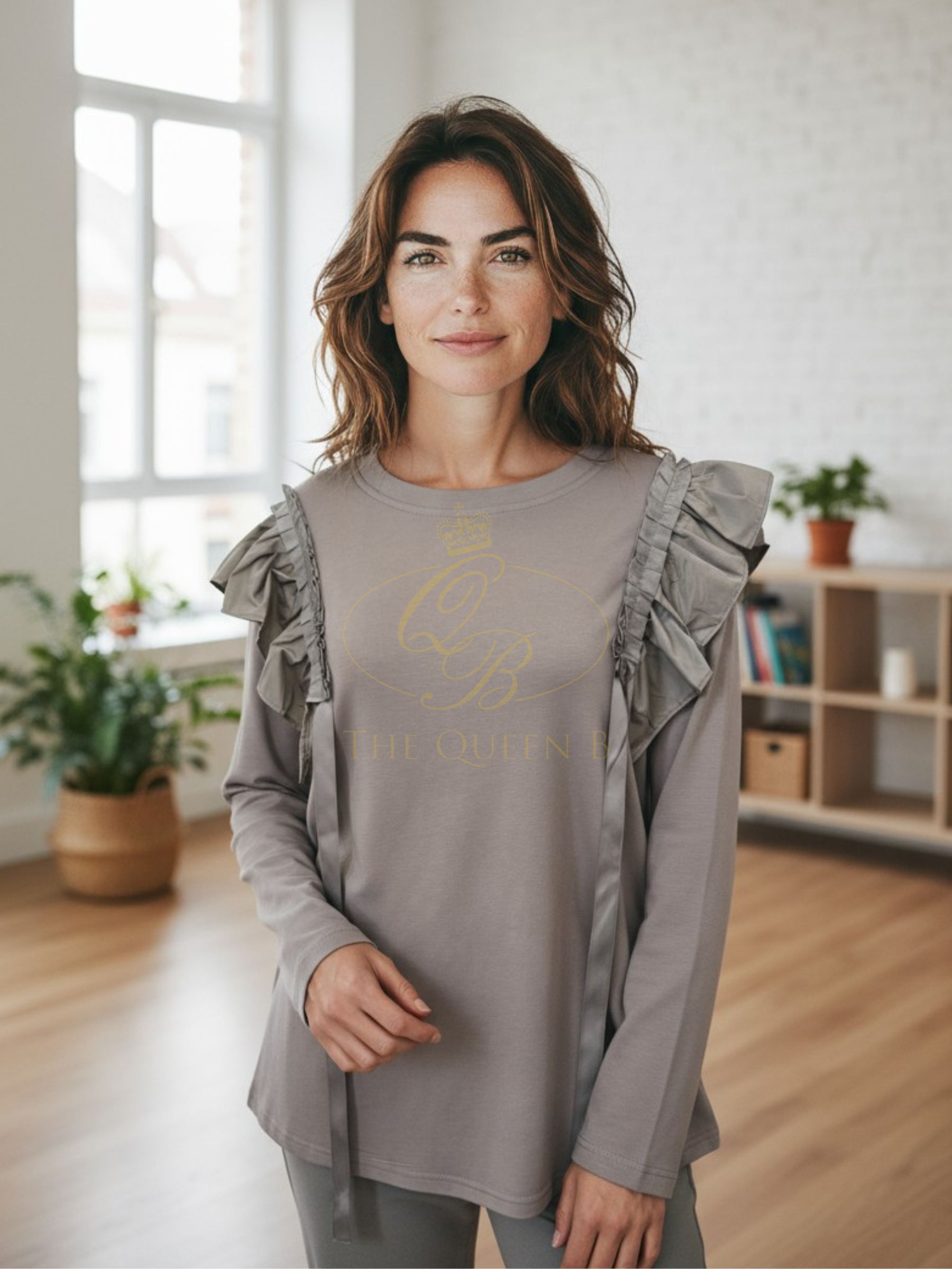 Malissa J WF2598 mushroom top with ruffle shoulder detail and ribbon trims-women’s elegant long-sleeve blouse for day-to-night outfits