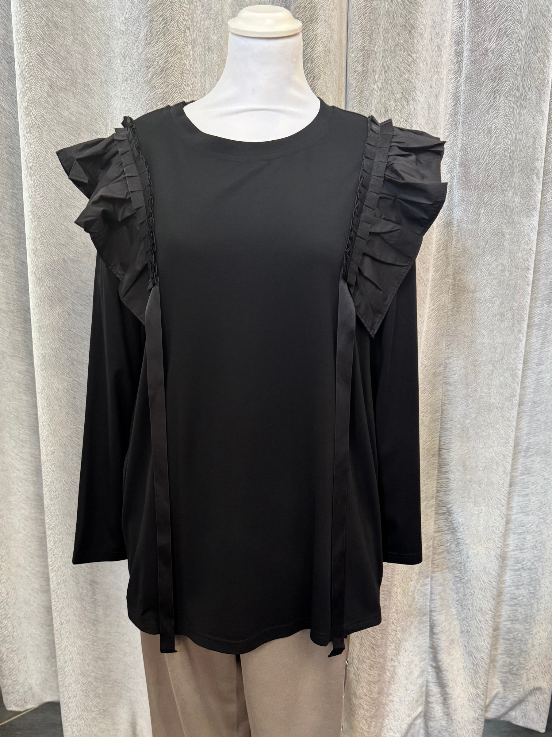 Malissa J WF2598 black top with ruffle shoulder detail and ribbon trims-women’s elegant long-sleeve blouse for day-to-night outfits