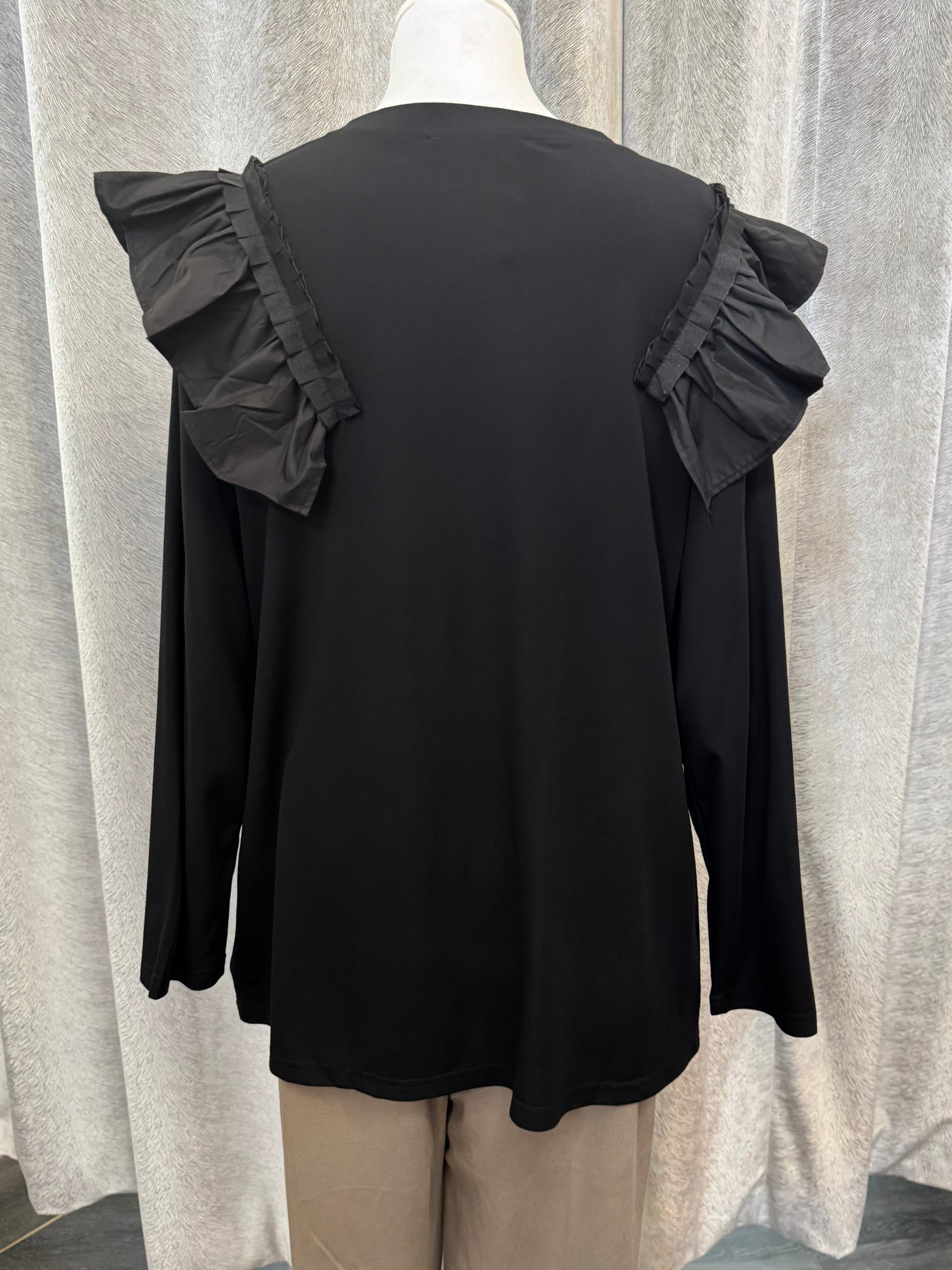 Malissa J WF2598 black top with ruffle shoulder detail and ribbon trims-women’s elegant long-sleeve blouse for day-to-night outfits