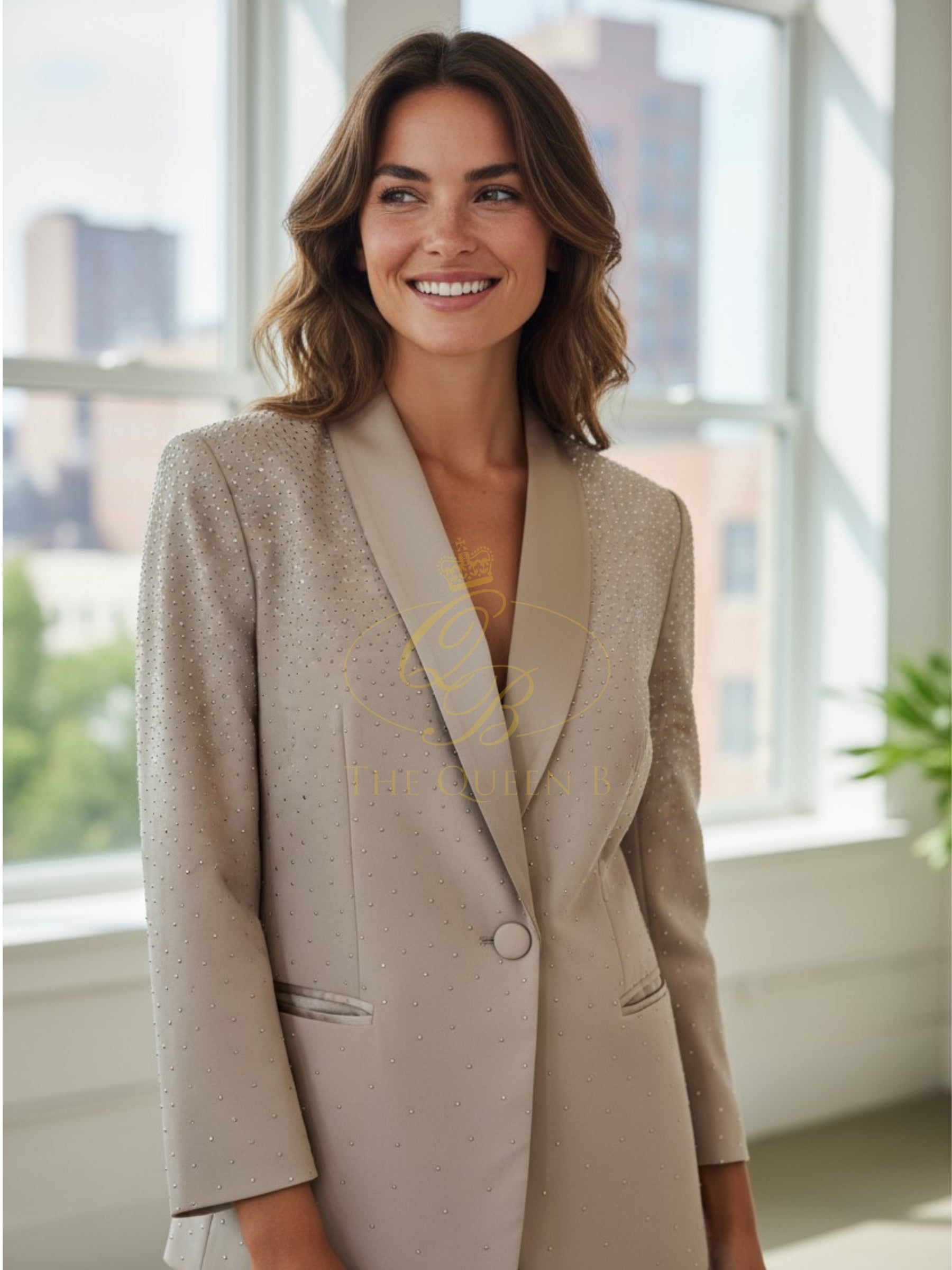 Malissa J WF2600 stone studded blazer with longline tailored fit-women’s evening blazer with sparkling embellishments for smart-casual and occasion wear