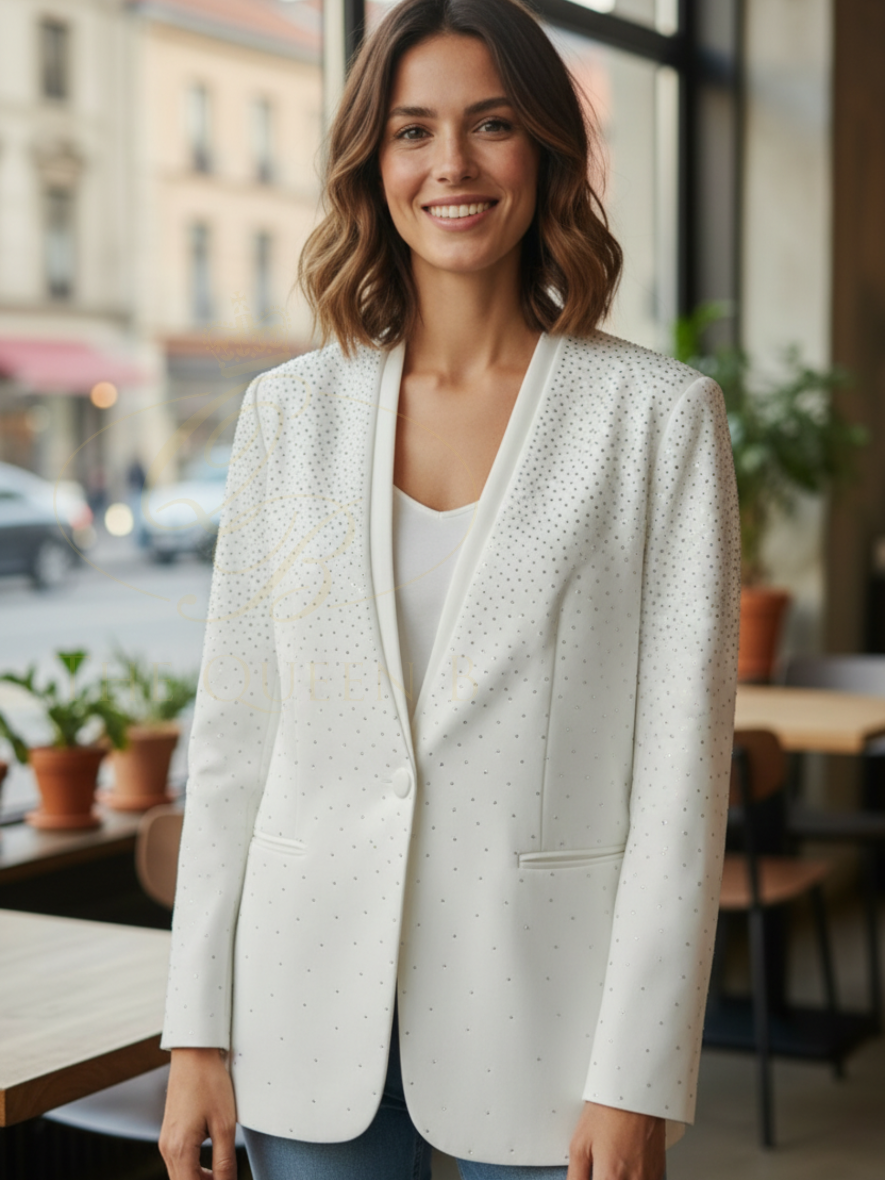 Malissa J WF2600 white studded blazer with longline tailored fit-women’s evening blazer with sparkling embellishments for smart-casual and occasion wear.