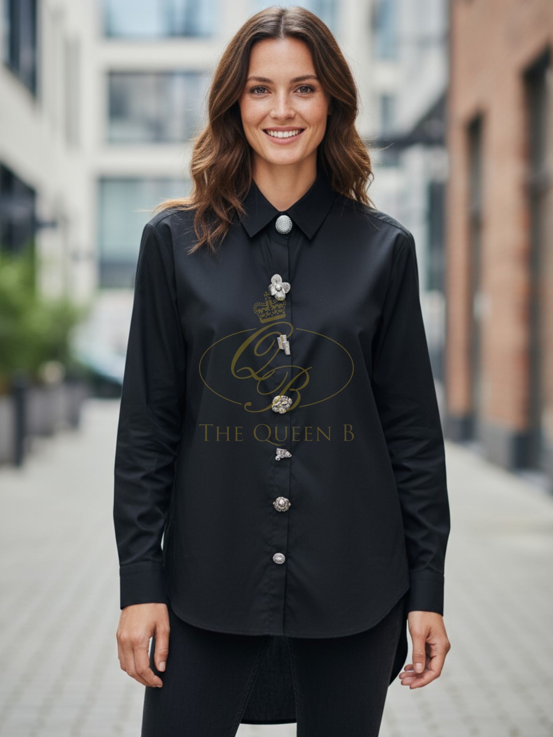 Malissa J black oversized women’s shirt with statement buttons - long sleeve collared fashion shirt for casual, workwear and evening outfit