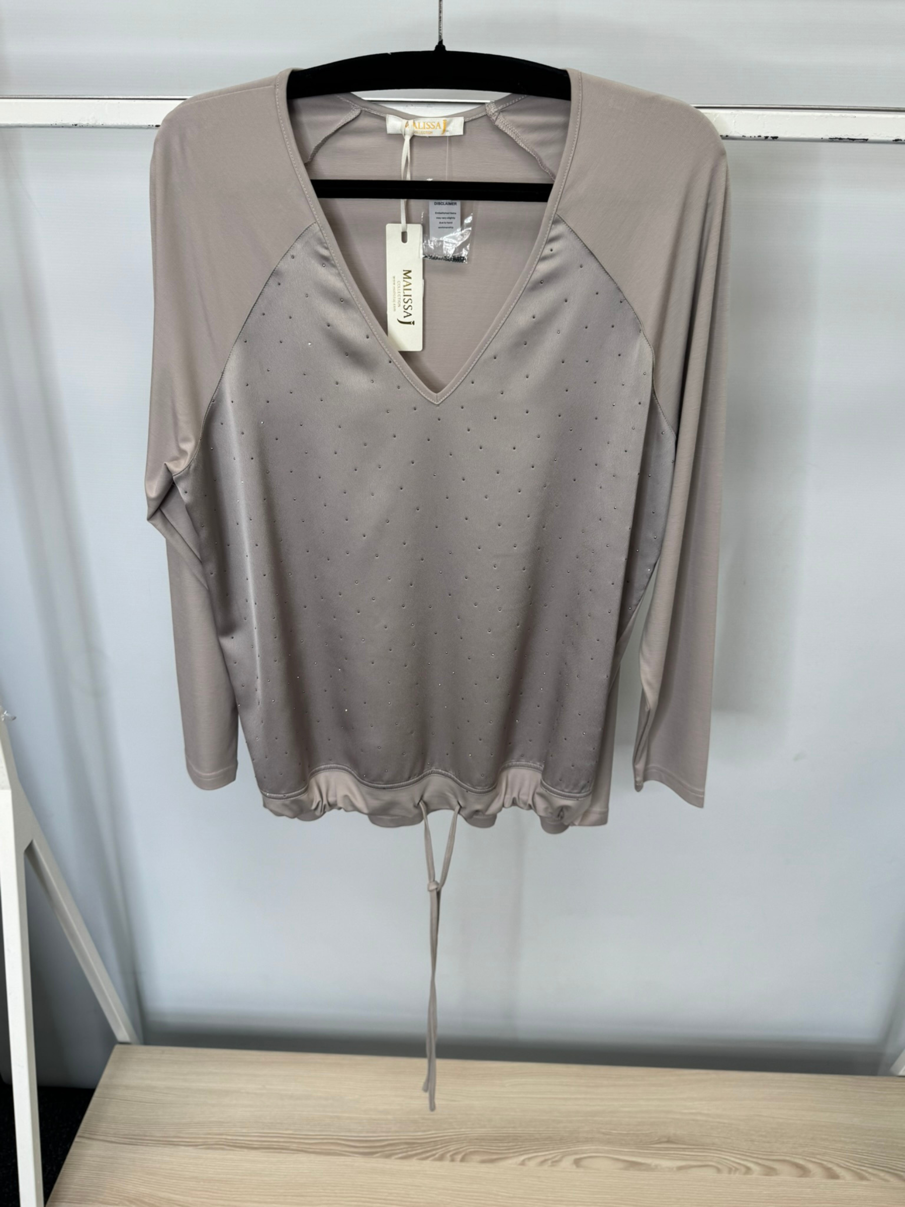 Malissa J stone gun studded V-neck top for women - long sleeve embellished blouse with drawstring hem, stylish casual and evening wear top