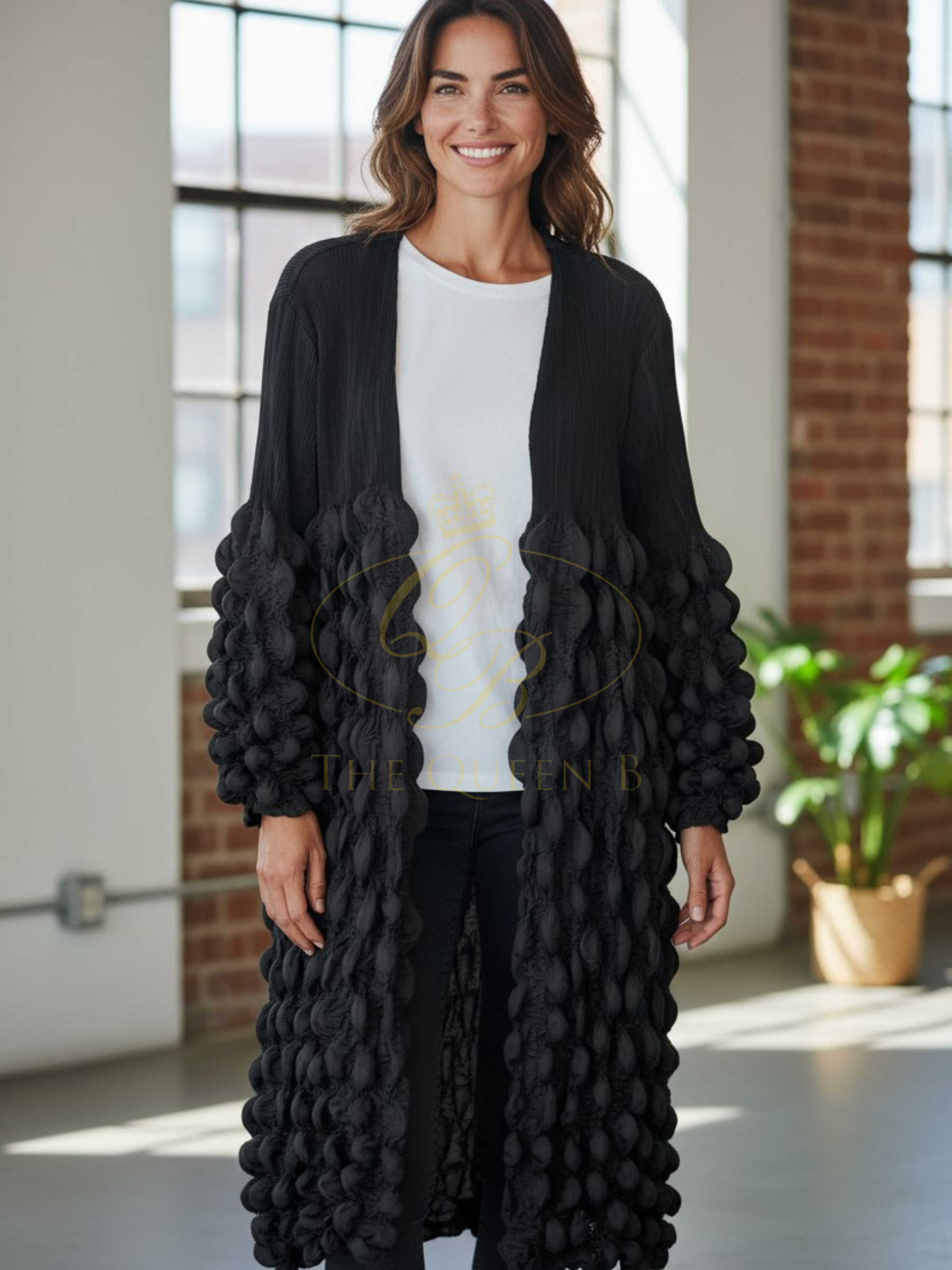 Malissa J WF2535 black tie-front bubble jacket—women’s longline textured layering jacket for statement outfits.