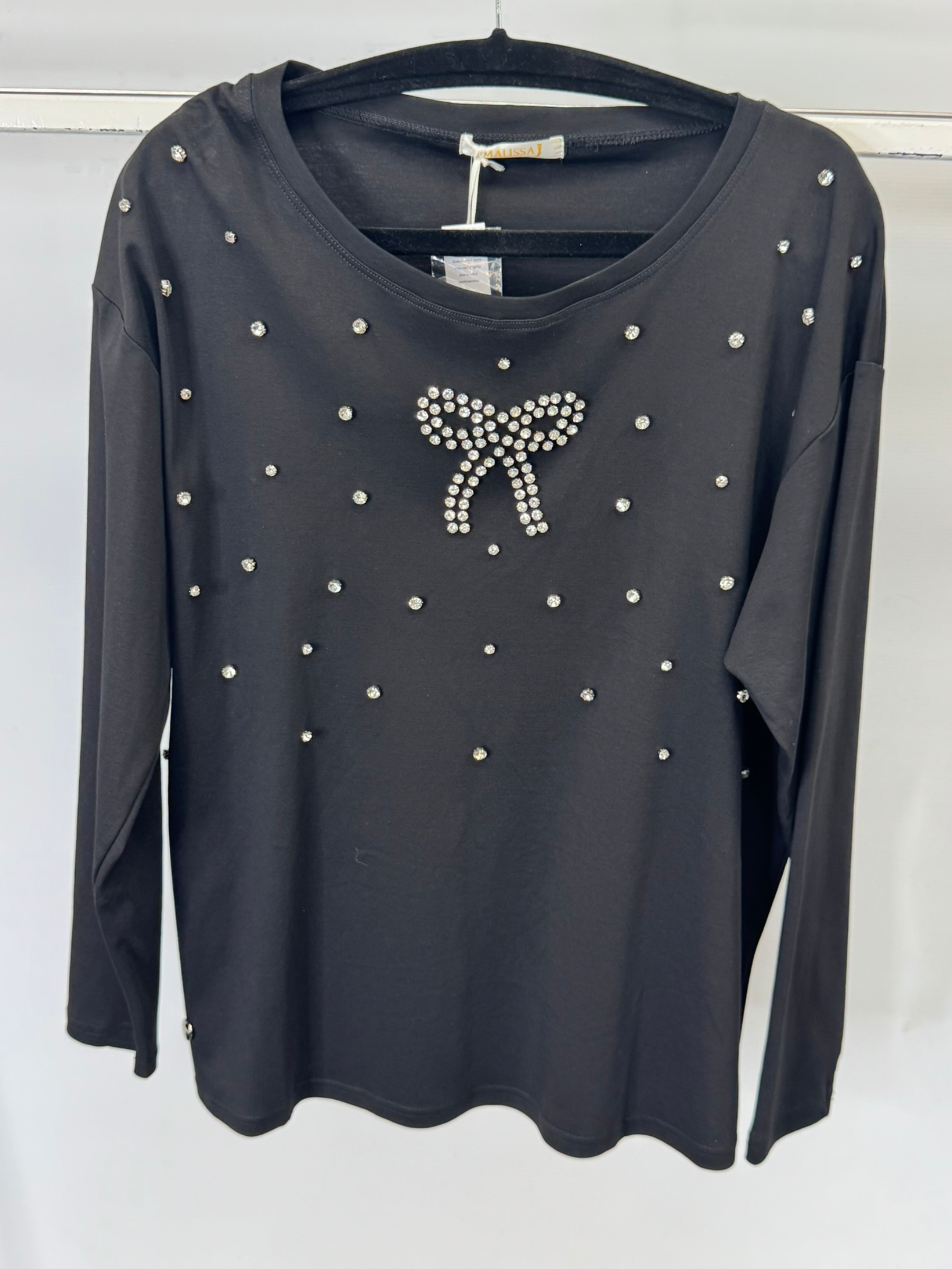 Malissa J black bow design top – women’s long sleeve round neck studded blouse with bow detail, versatile day-to-night fashion piece.