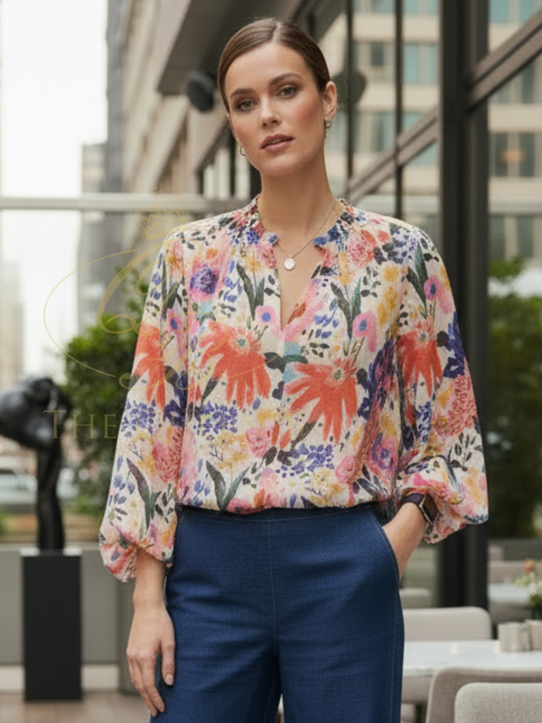 Malissa J WF2696 Printed Chiffon Shirt floral chiffon shirt with V neckline and pleated front detailing.