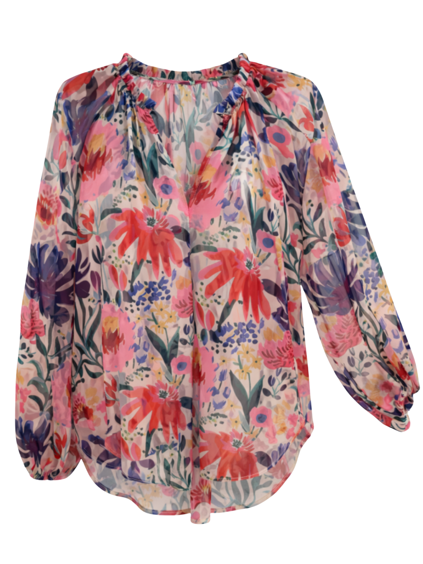 Malissa J WF2696 Printed Chiffon Shirt floral chiffon shirt with V neckline and pleated front detailing.