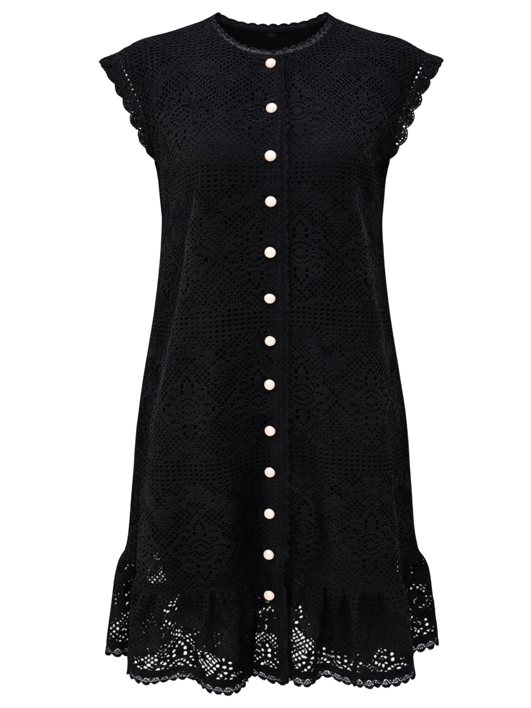 Malissa J WF2698 Crochet Effect Lined Frill Dress with button-through front and scalloped frill hem.