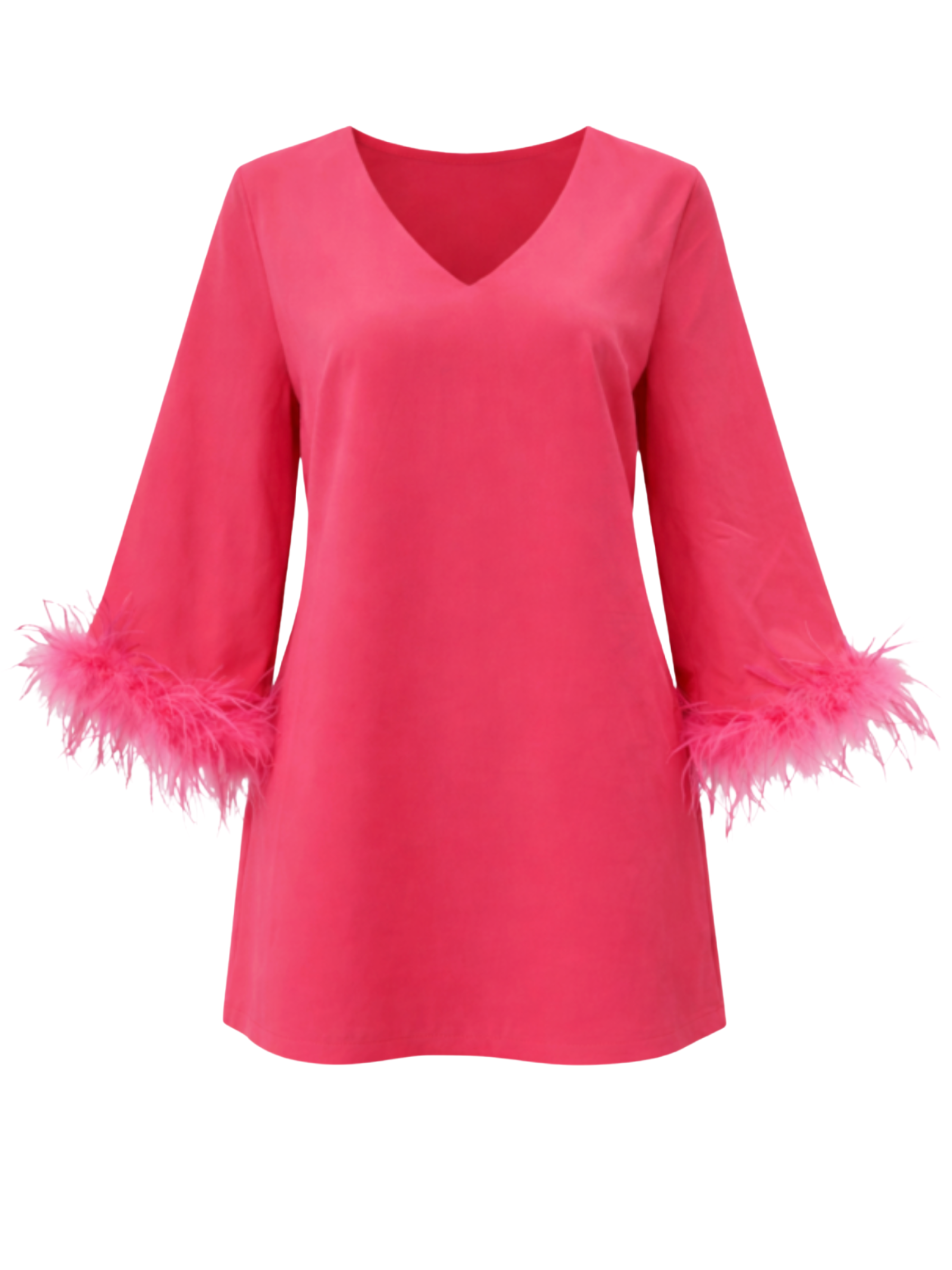 Malissa J WF2702 Bell Sleeve Dress with V-neckline and dramatic bell sleeves finished with feather trim cuffs.