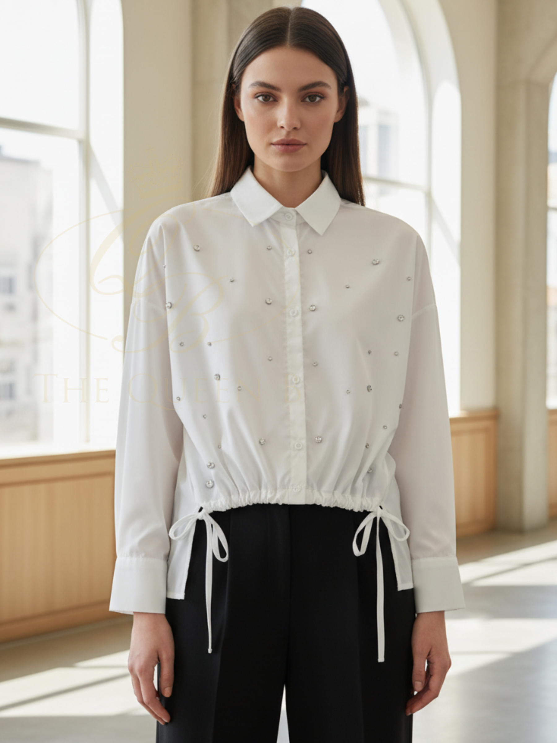 Malissa J WF2707 Crystal Studded Drawstring Hem Shirt with relaxed silhouette and crystal embellishment detail.