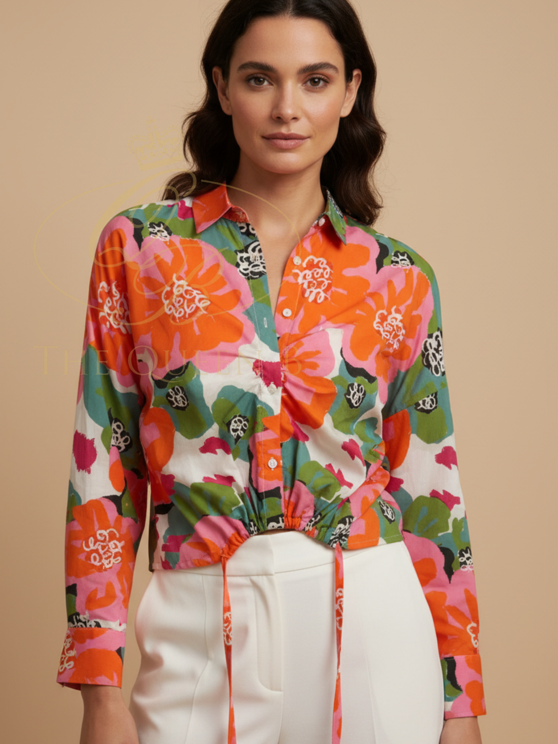 Malissa J WF2708 Drawstring Hem Shirt with relaxed silhouette, floral print and adjustable drawstring hem detail.