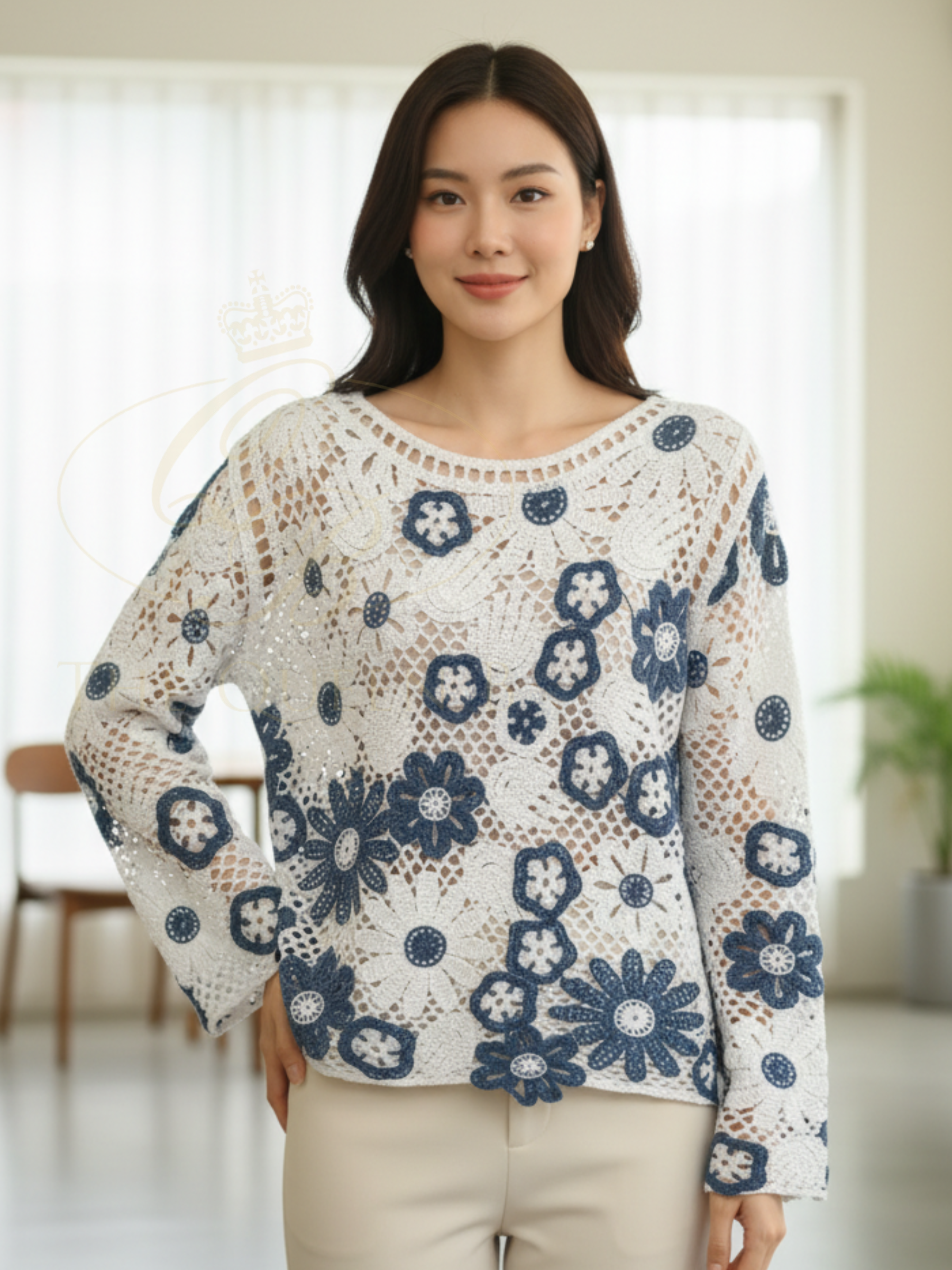 Malissa J WF2718 Crochet Effect Flower Jumper with relaxed silhouette, round neckline and floral crochet design.