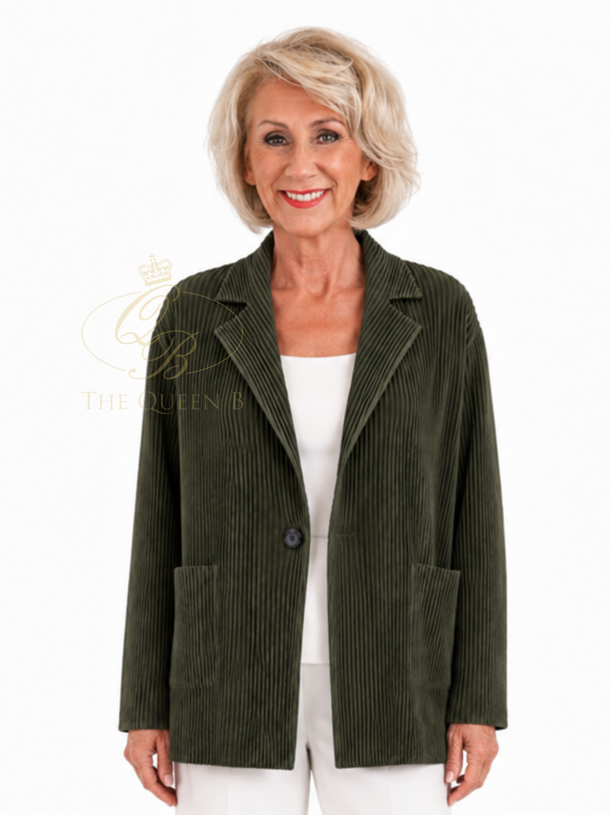 Malissa J WF2726 Ribbed Pleated Blazer with ribbed pleated texture, lapel collar, single-button fastening and patch pockets.