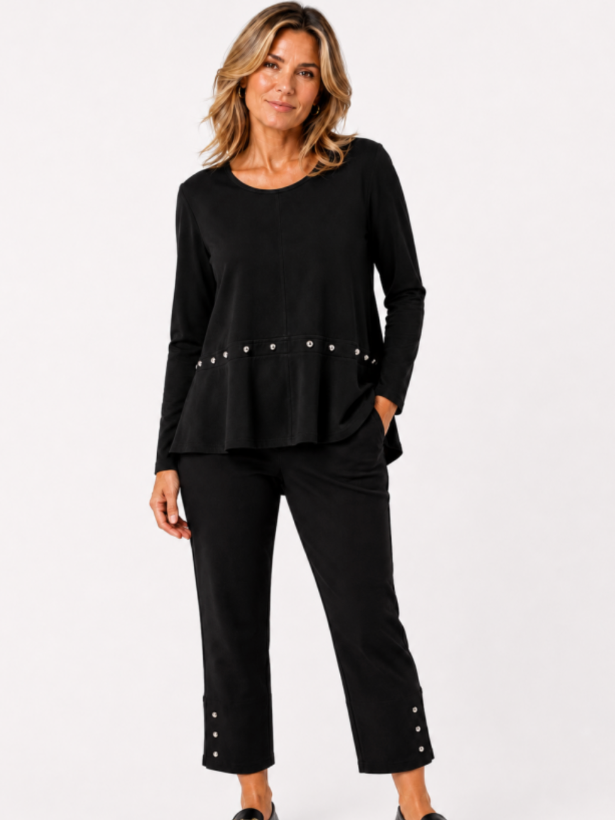 Malissa J WF2733 Studded Detailed Jersey Top with round neckline, long sleeves, studded waist detail and softly flared hem.