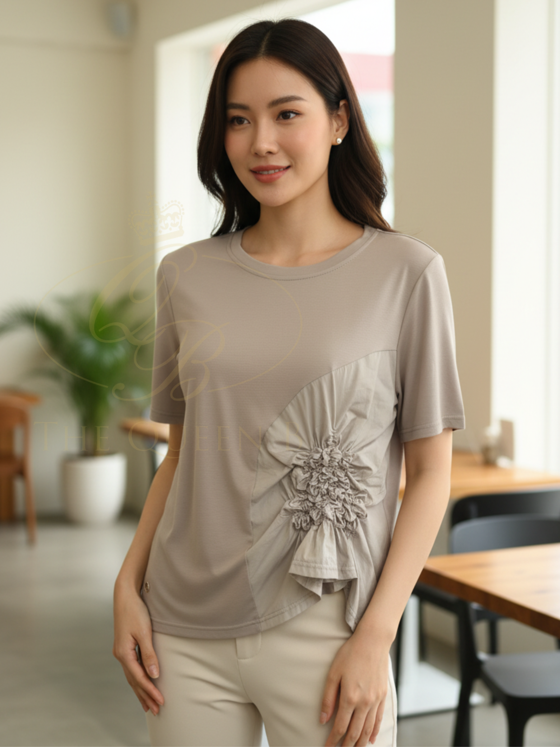 Malissa J WF2747 Jersey Short Sleeve Top with round neckline, short sleeves and gathered side floral detail.