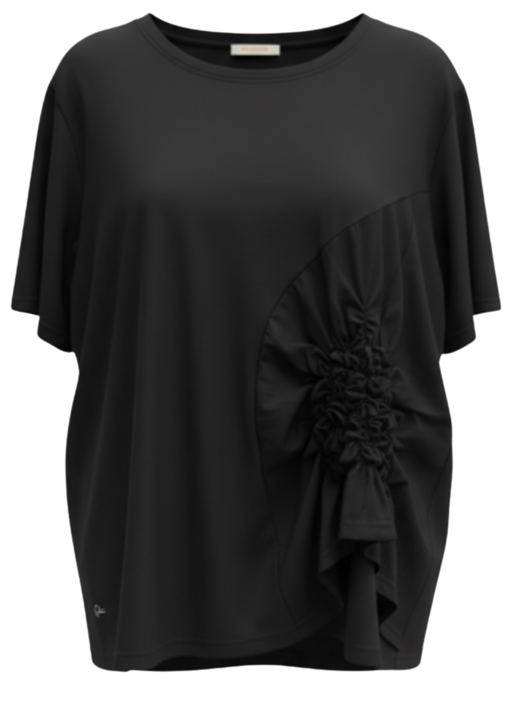 Malissa J WF2747 Jersey Short Sleeve Top with round neckline, short sleeves and gathered side floral detail.