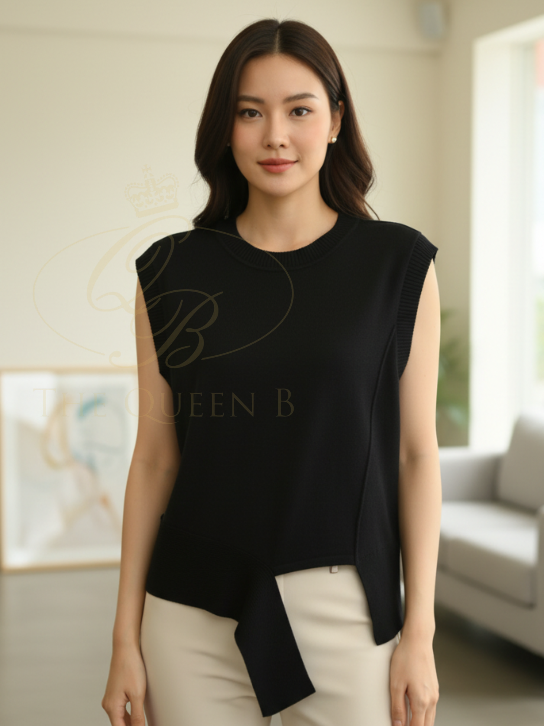 Malissa J WF2748 Knitted Mixed Level Tank Top with round neckline, sleeveless design and asymmetric hem detail.