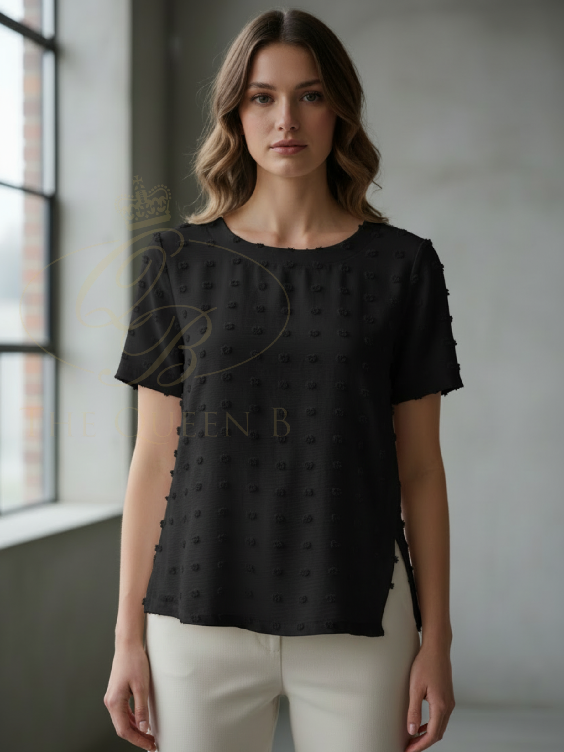 Malissa J WF2757 Woven Bobble T-Shirt with round neckline, short sleeves and textured bobble fabric detail.