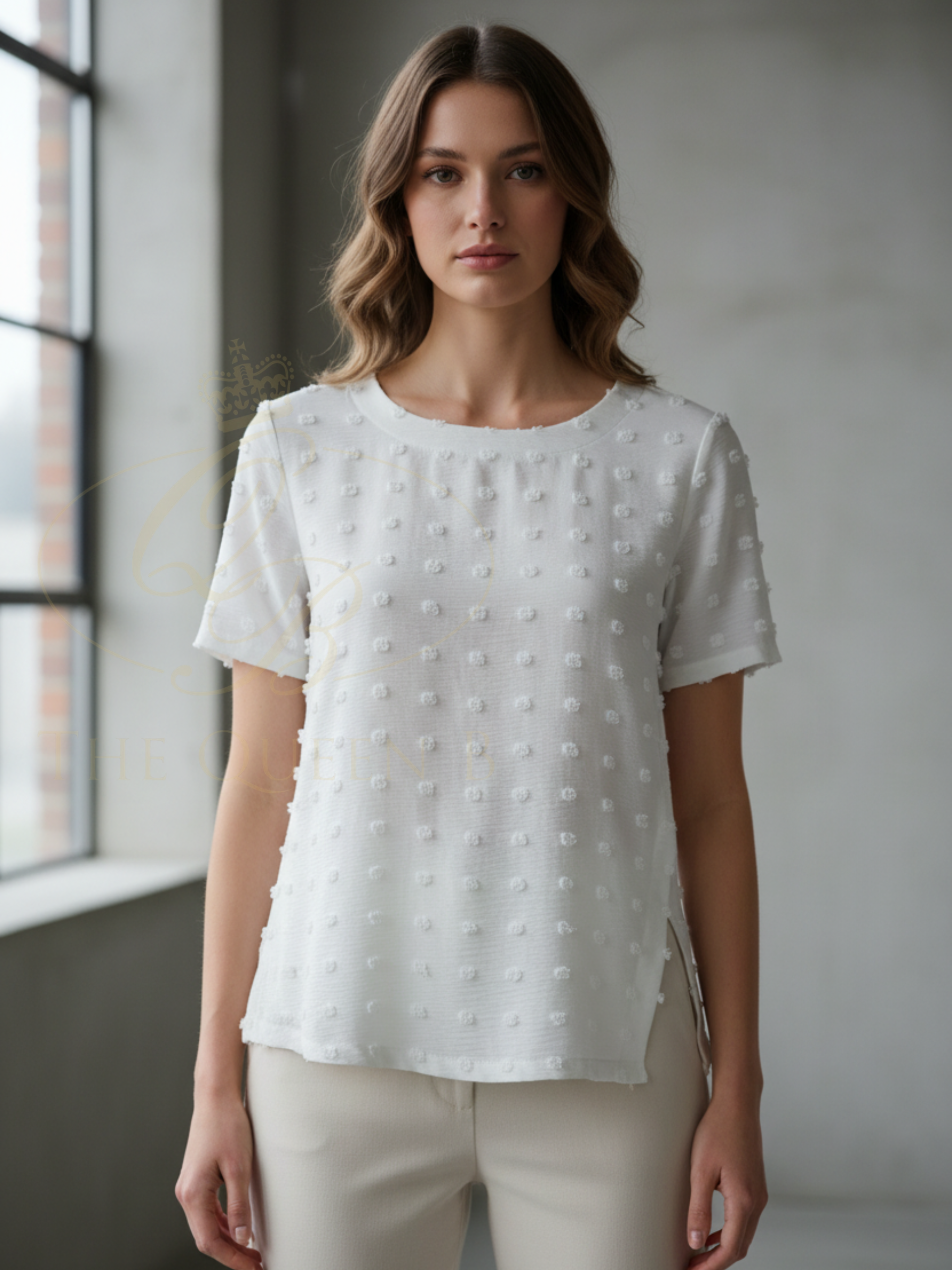 Malissa J WF2757 Woven Bobble T-Shirt with round neckline, short sleeves and textured bobble fabric detail.