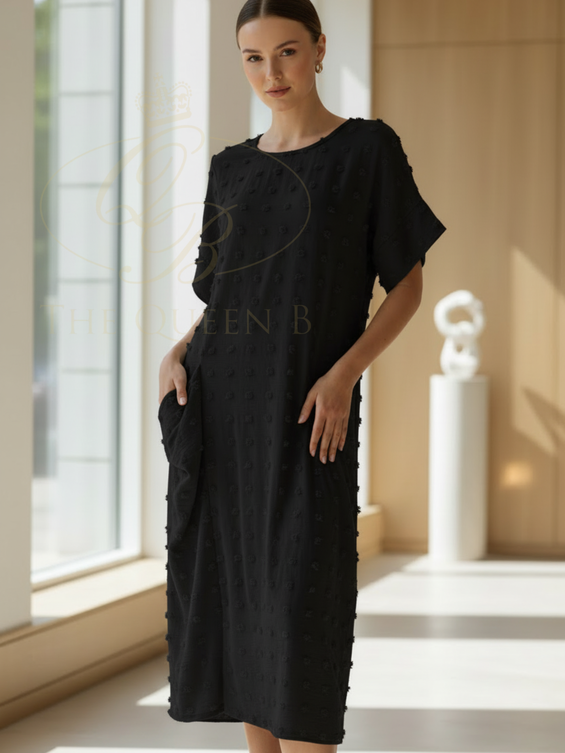 Malissa J WF2758 Woven Bobble Dress with round neckline, short sleeves, textured bobble fabric and relaxed midi silhouette.