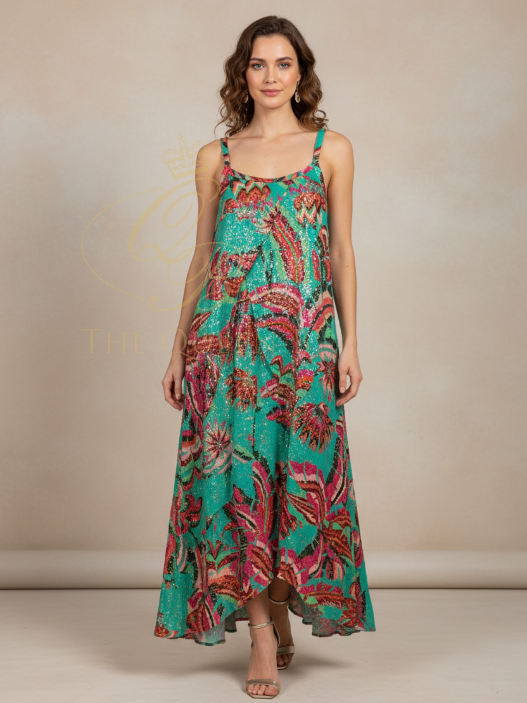 Malissa J WF2767 Strappy Long Layered Printed Dress with slim straps, flowing layered skirt and vibrant all-over print.