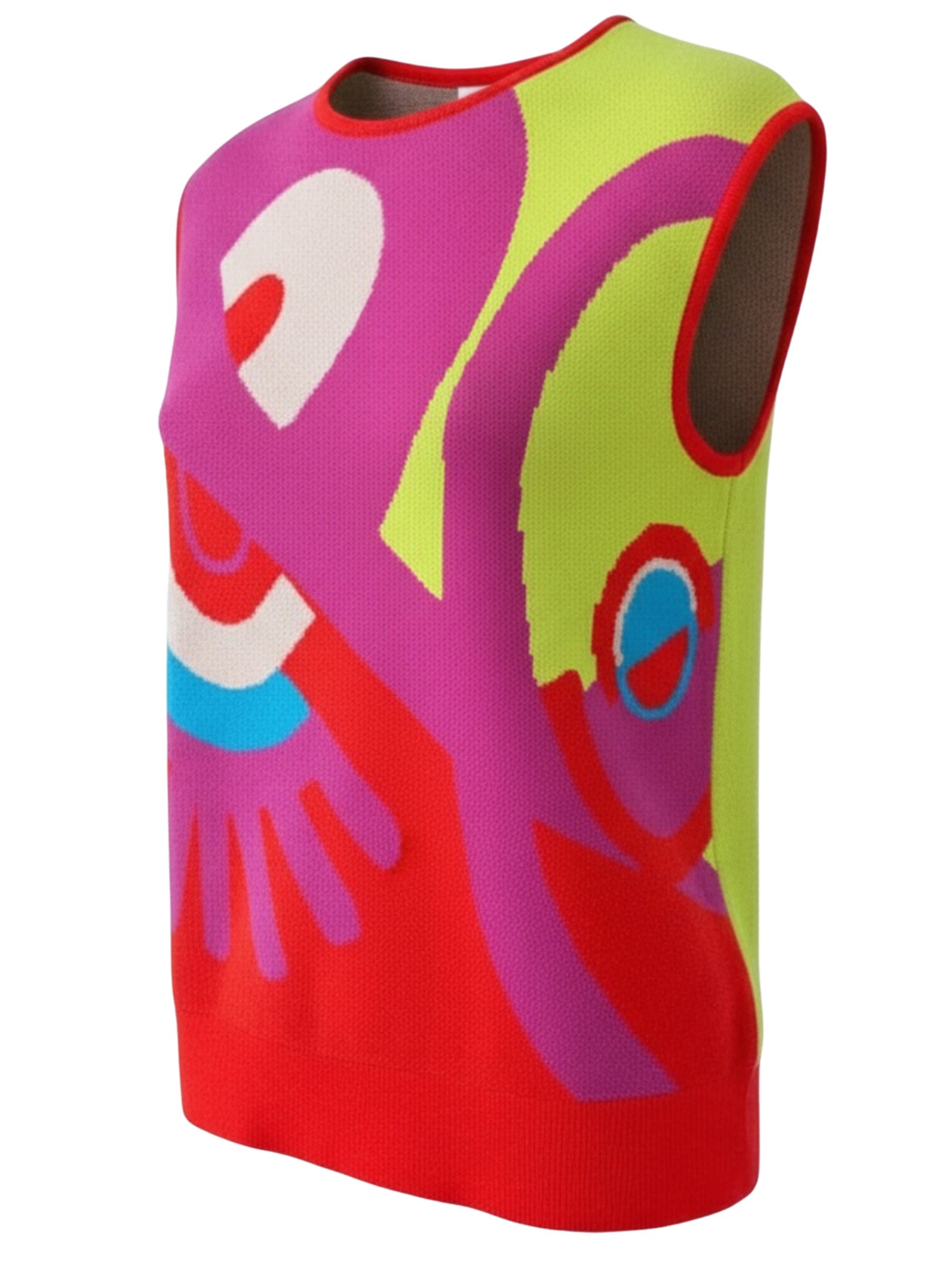 Malissa J WF2791 Abstract Jacquard Knitted Tank Top with round neckline, sleeveless design and bold abstract knit pattern.