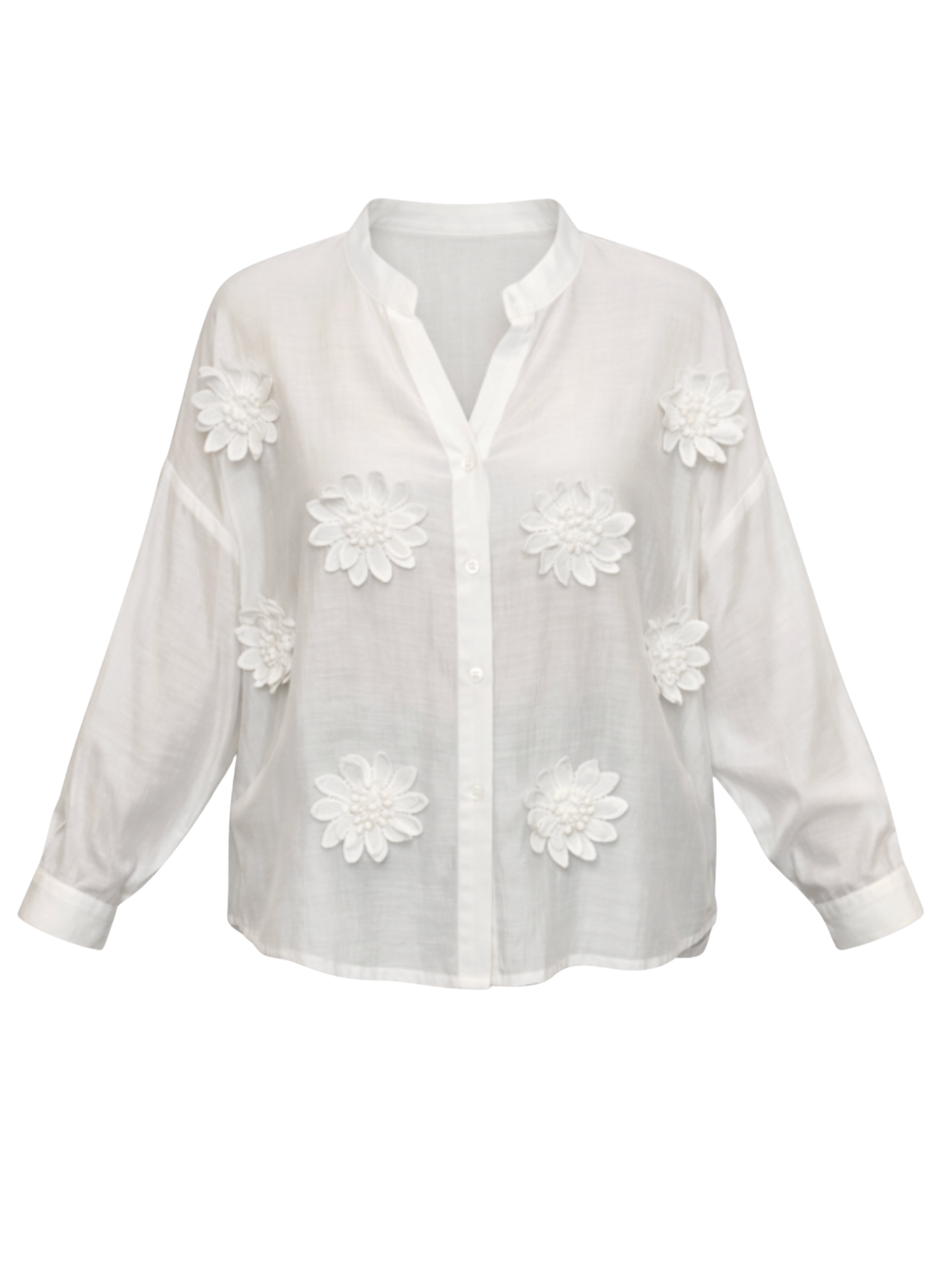 Malissa J WF2813 Applique Flower Detailed Shirt with stand collar, button-through front and raised floral appliqué detailing across the body.
