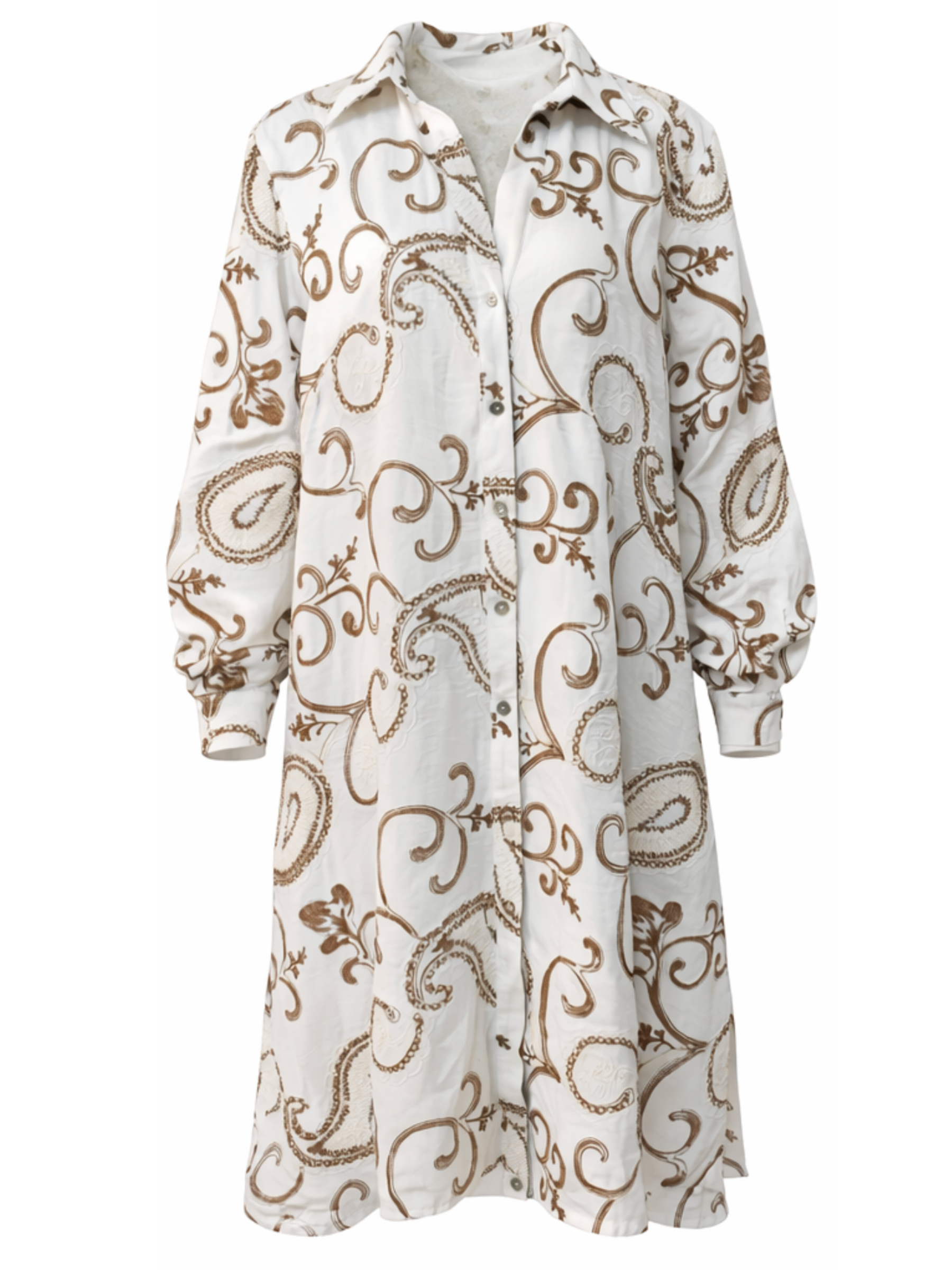 Malissa J WF2815 Embroidered Woven Shirt Dress with classic collar, button-through front, long sleeves and all-over embroidered detailing.