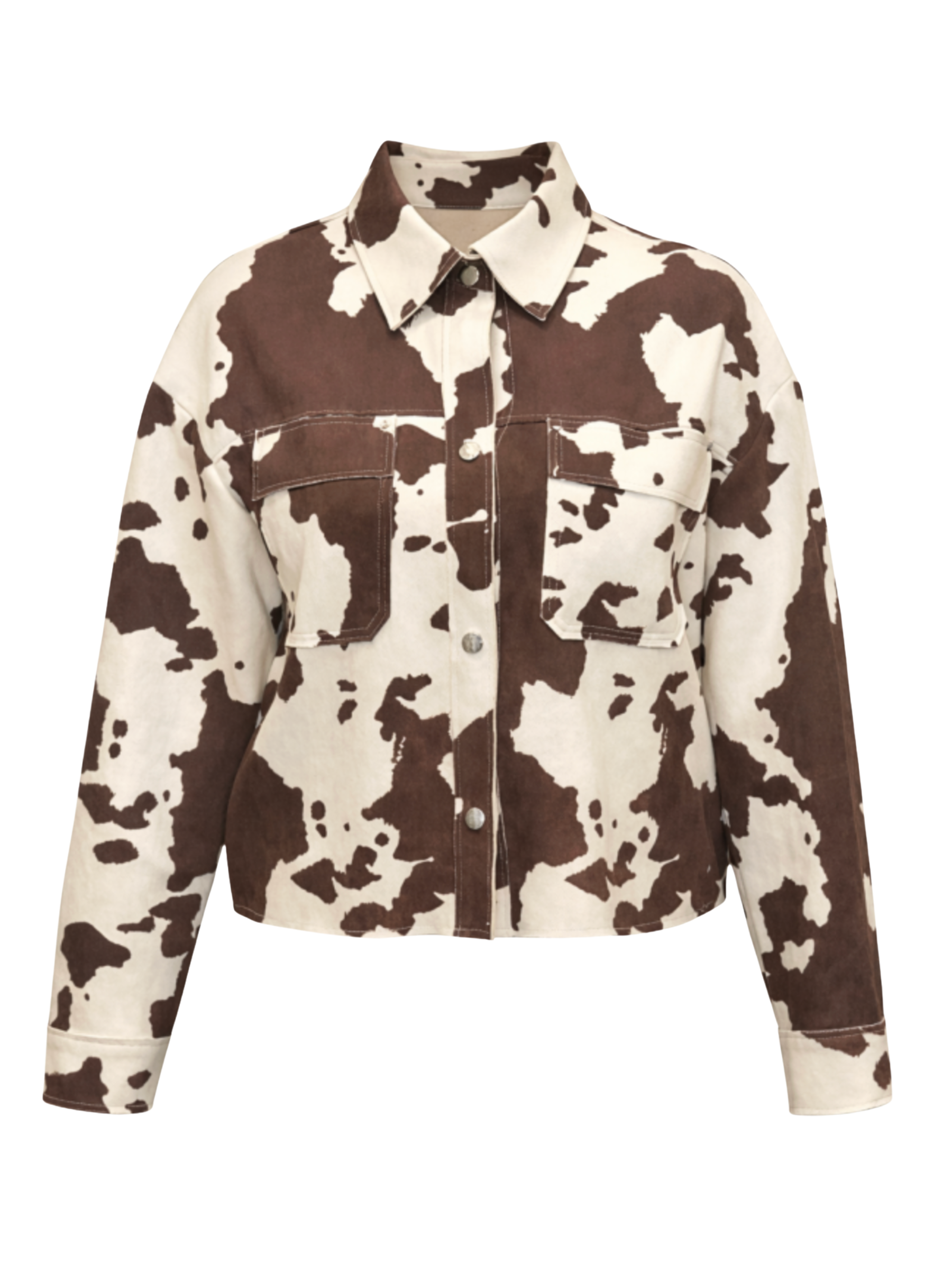 Malissa J WF2827 Cow Print Western Mock Suede Jacket with collar neckline, button-through front and chest flap pockets in an all-over cow print design.