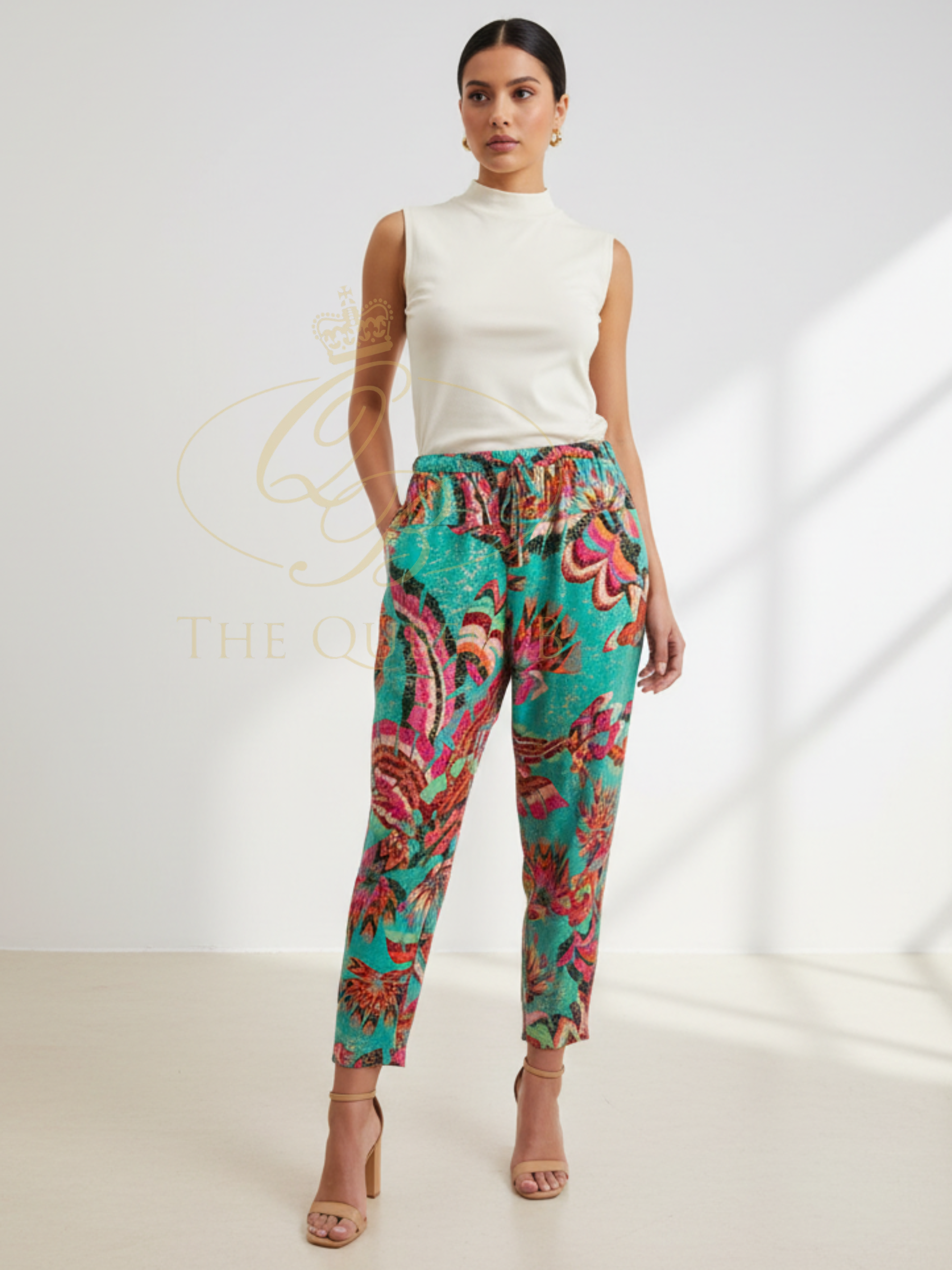 Malissa J WF2833 Drawstring Waisted Cropped Trousers with elasticated waist, adjustable tie and vibrant all-over print.