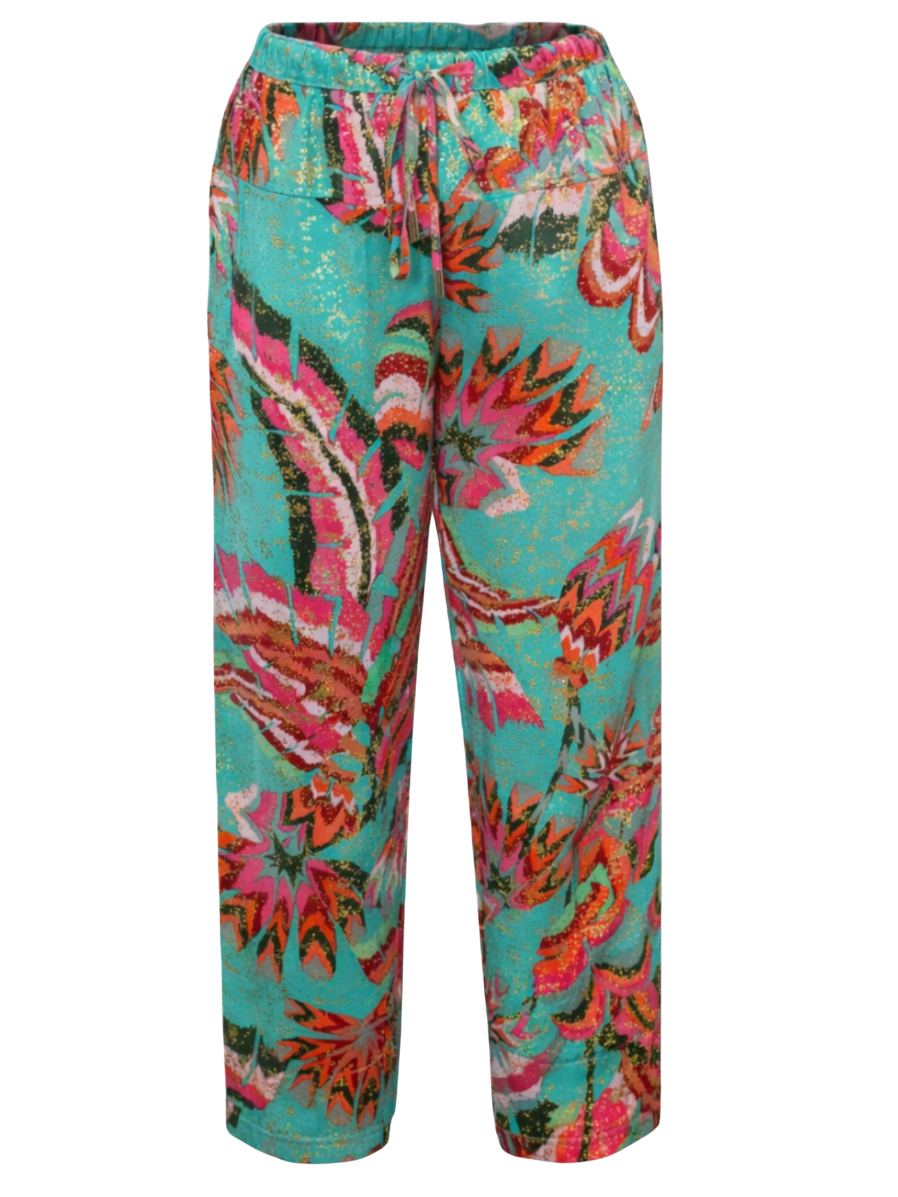 Malissa J WF2833 Drawstring Waisted Cropped Trousers with elasticated waist, adjustable tie and vibrant all-over print.