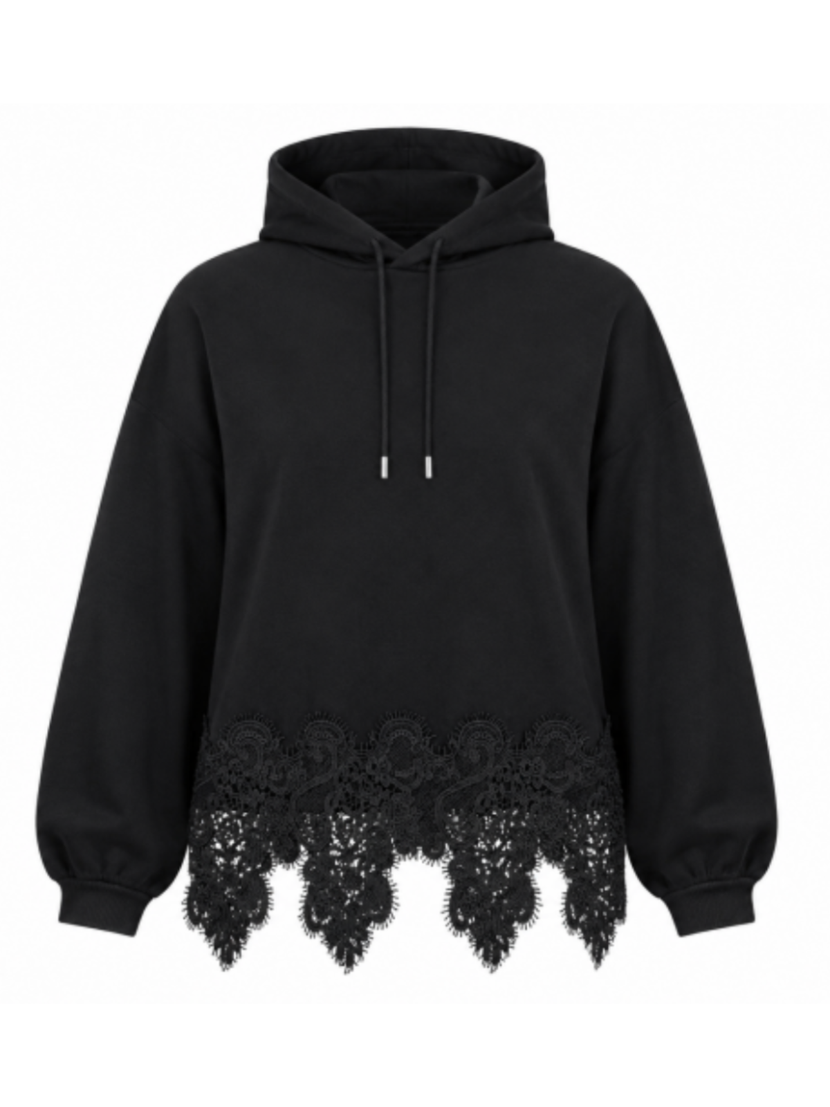 Malissa J WF2856 Lace Panel Knit Hoodie with hooded neckline, drawstring ties, long sleeves and intricate lace hem detailing.