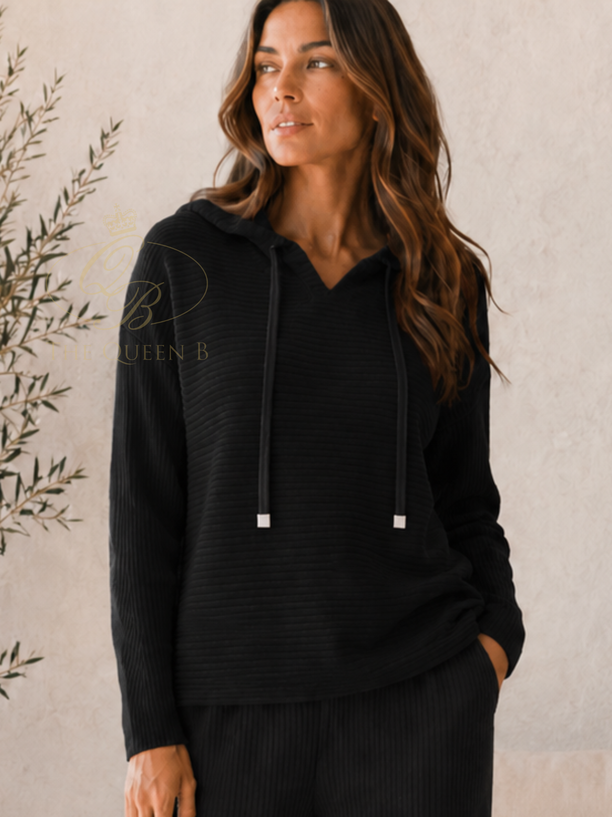 Malissa J WF2858 Rib Pleat Hoodie with ribbed pleated texture, hooded neckline, drawstring ties and long sleeves.