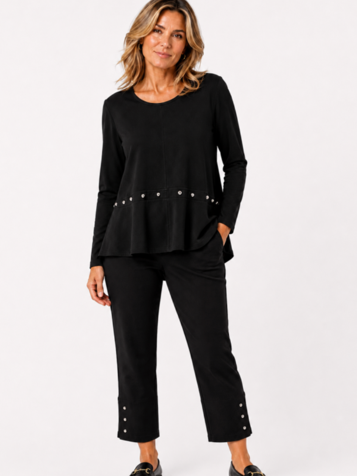 Malissa J WF2894 straight-leg jersey trousers with studded detail and slit hem.