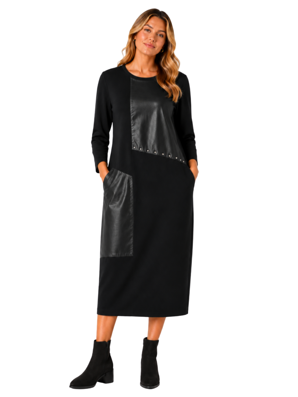 Malissa J WF2897 Studded Detailed Jersey Dress with faux leather-look panel detailing, stud accents, side pockets and a midi-length silhouette.