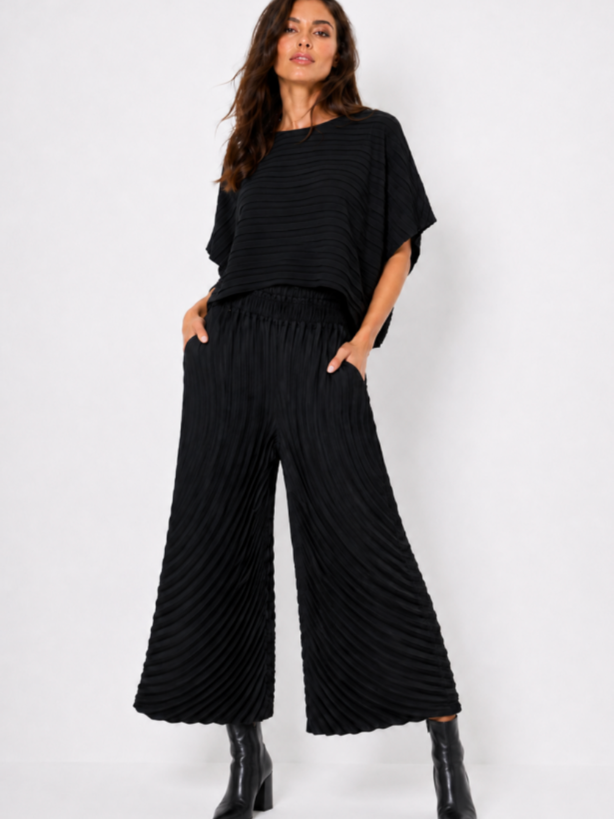 Malissa J WF2916 / WF2921 Pleated Set featuring a relaxed pleated top with short batwing-style sleeves and matching wide leg pleated trousers.