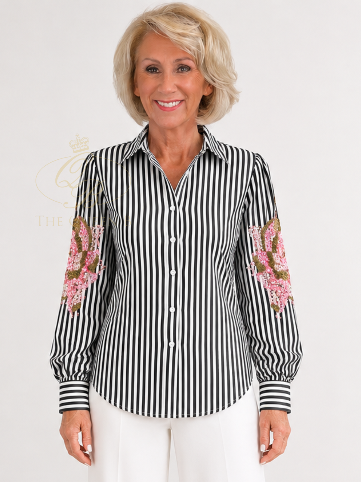 Malissa J WF2917 Stripped Button Through Shirt with striped pattern, embellished sleeve panels, collar and button front.