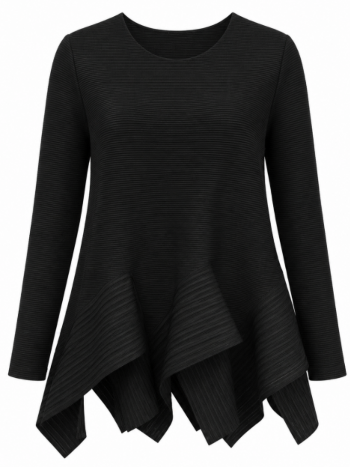 Malissa J WF2918 Pleated Long Sleeve Top with round neckline, pleated texture, long sleeves and asymmetric handkerchief hem.