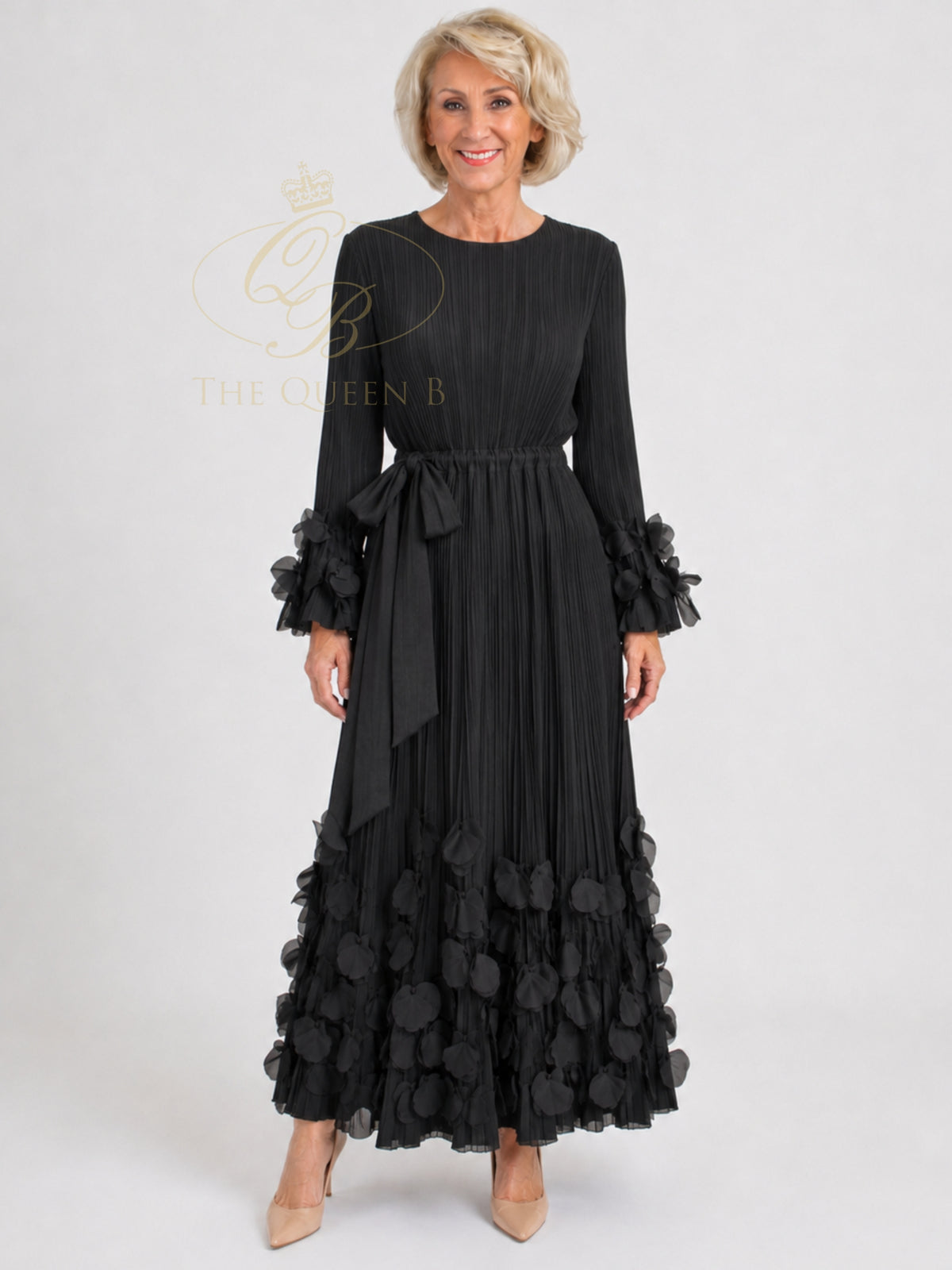 Malissa J WF2945 Petal Detailed Pleated Dress with pleated texture, tie waist, long sleeves and statement petal detailing.