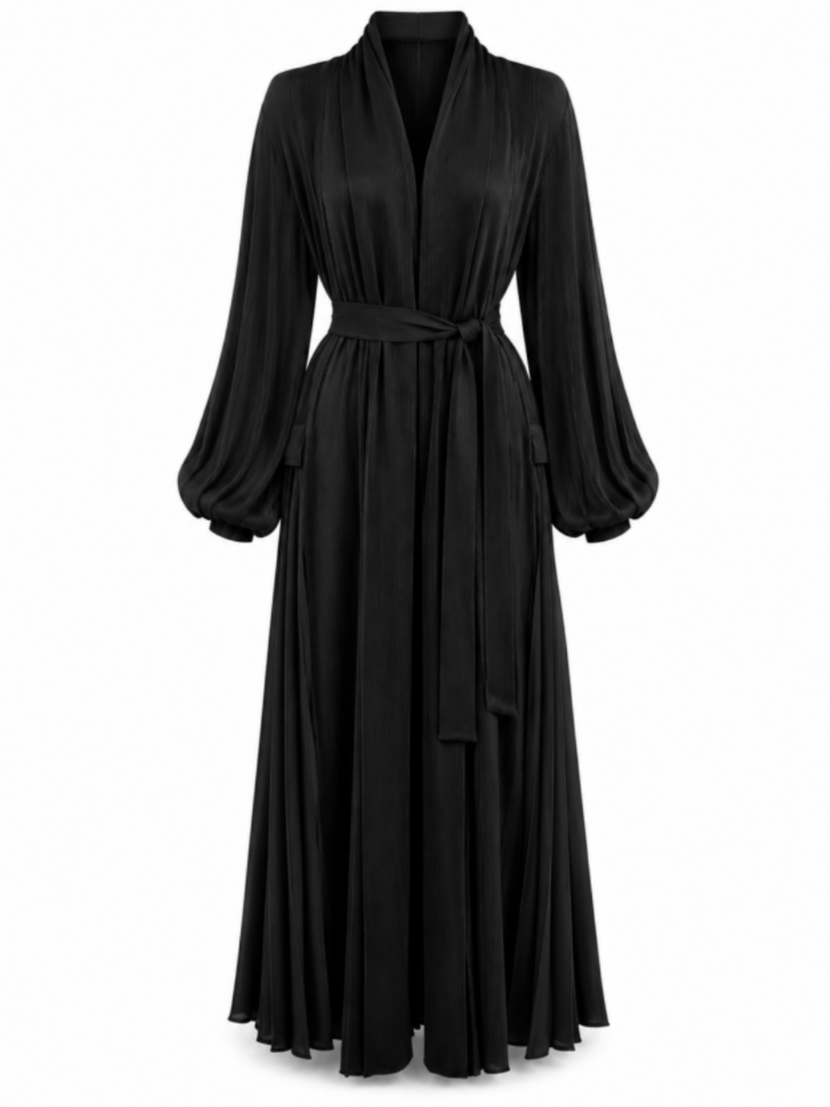 Malissa J WF2946 Long Sleeve Pleated Coat Jacket with an all-over pleated finish, shawl collar, self-tie waist belt, long sleeves and a flowing longline silhouette.