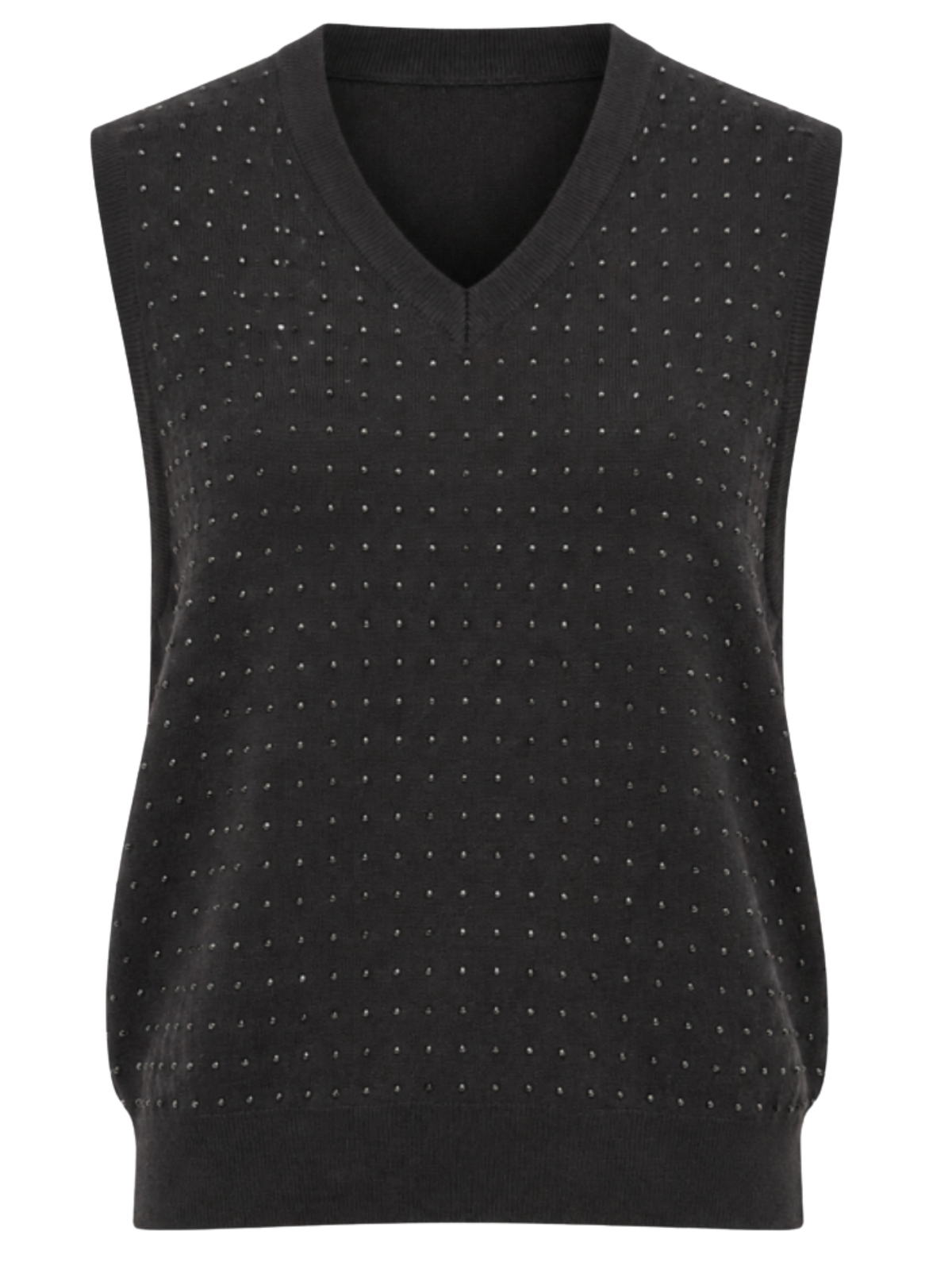 Malissa J WF2947 Studded V-Neck Knit Vest with all-over studded detail, sleeveless design, ribbed trims and a flattering V-neckline.