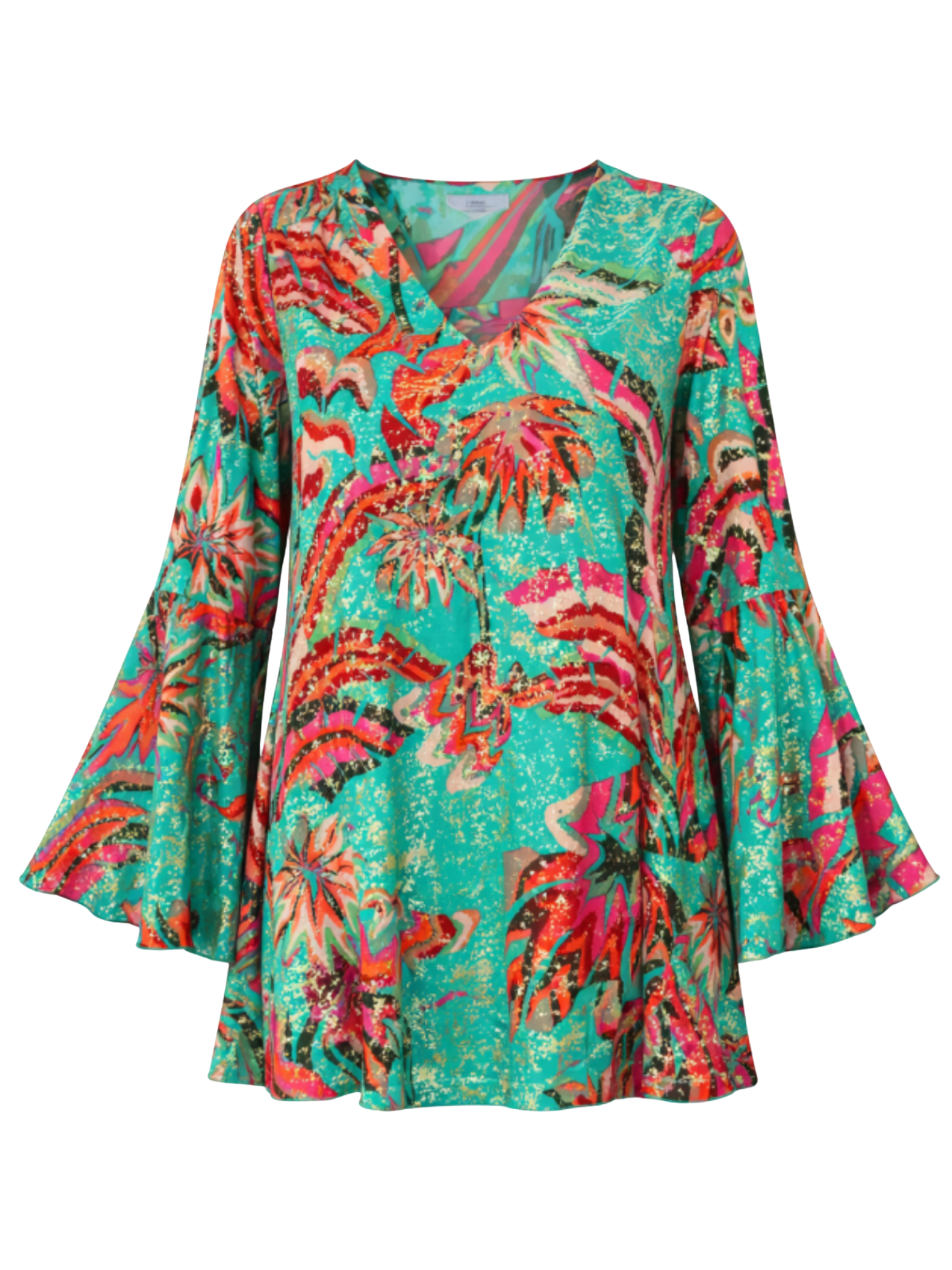 Malissa J WF871 Woven V-Neck Floaty Sleeve Top with V-neckline, dramatic bell sleeves and vibrant all-over print.