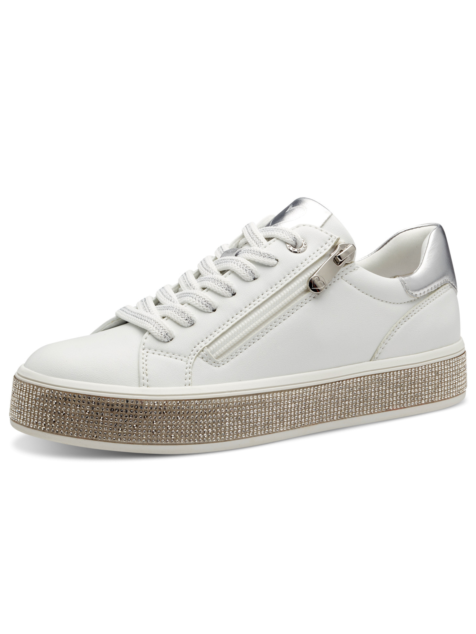 Marco Tozzi 23715 197 White Comb women's platform trainers with crystal embellished sole, lace and zip fastening white trainers.