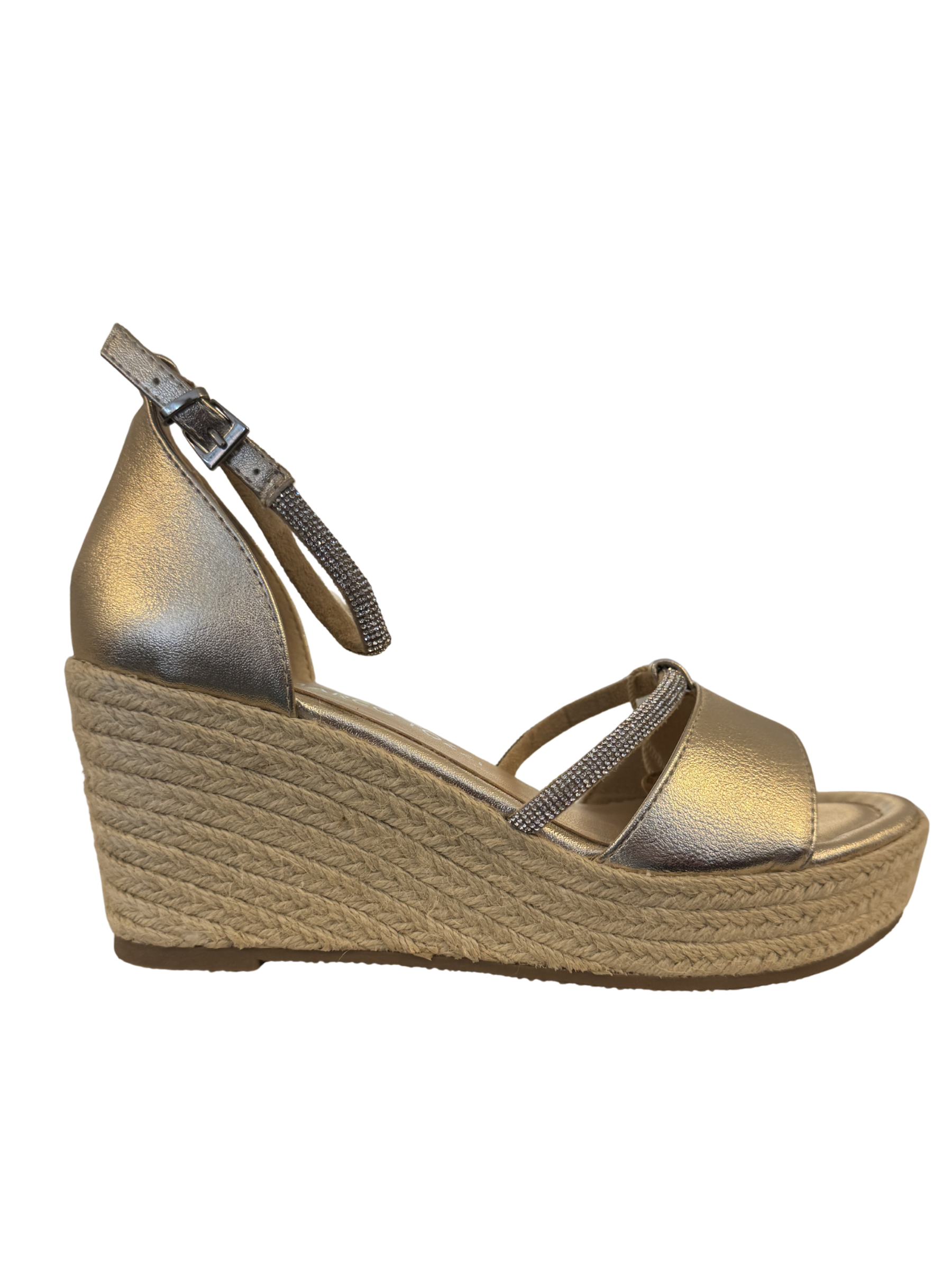 Marco Tozzi 28362 940 Gold sandals with wedge heel, wide strap and embellished detail.